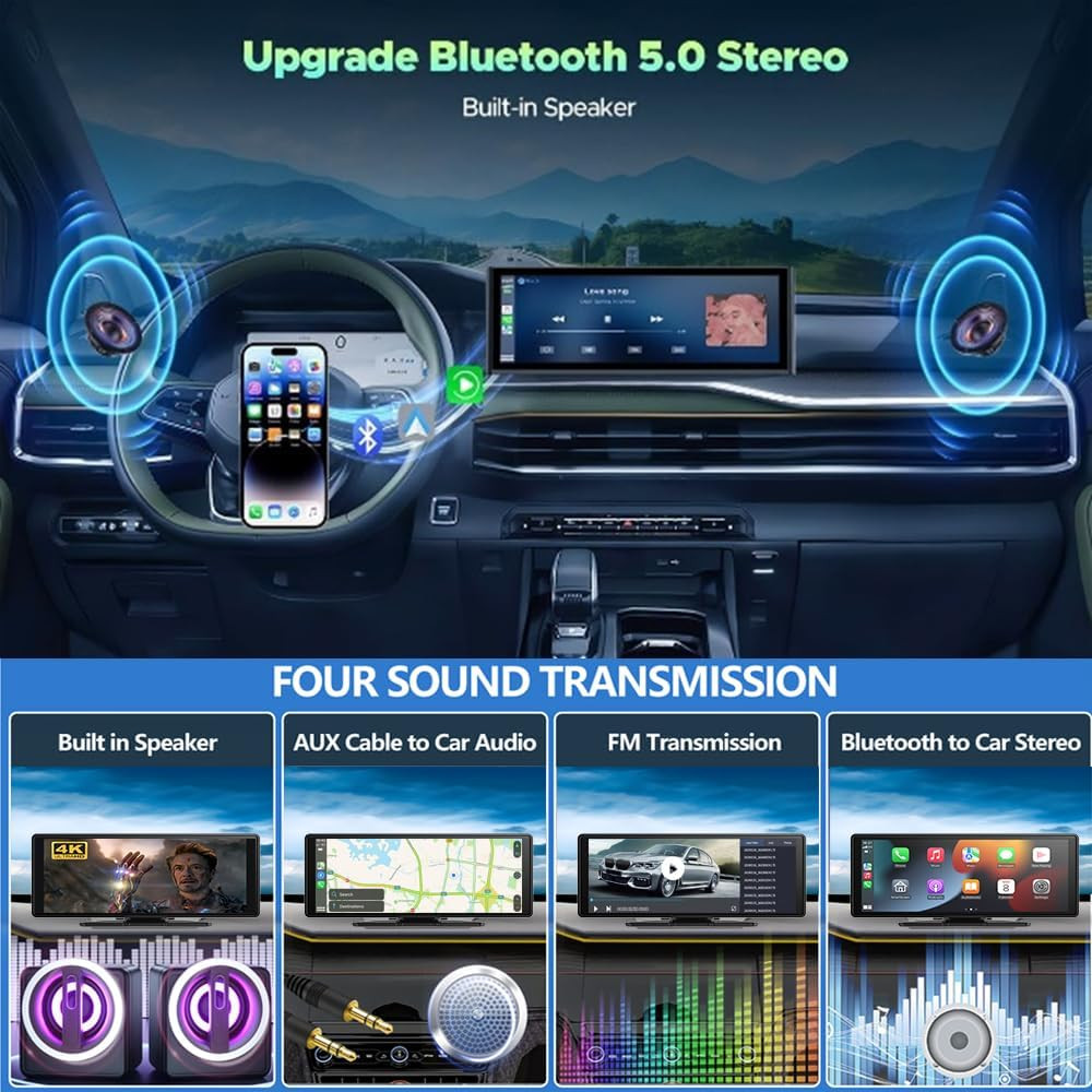 Wireless Carplay Screen for Car 10.26″ 4K 360 Rotation Dash Cam Carplay&Android