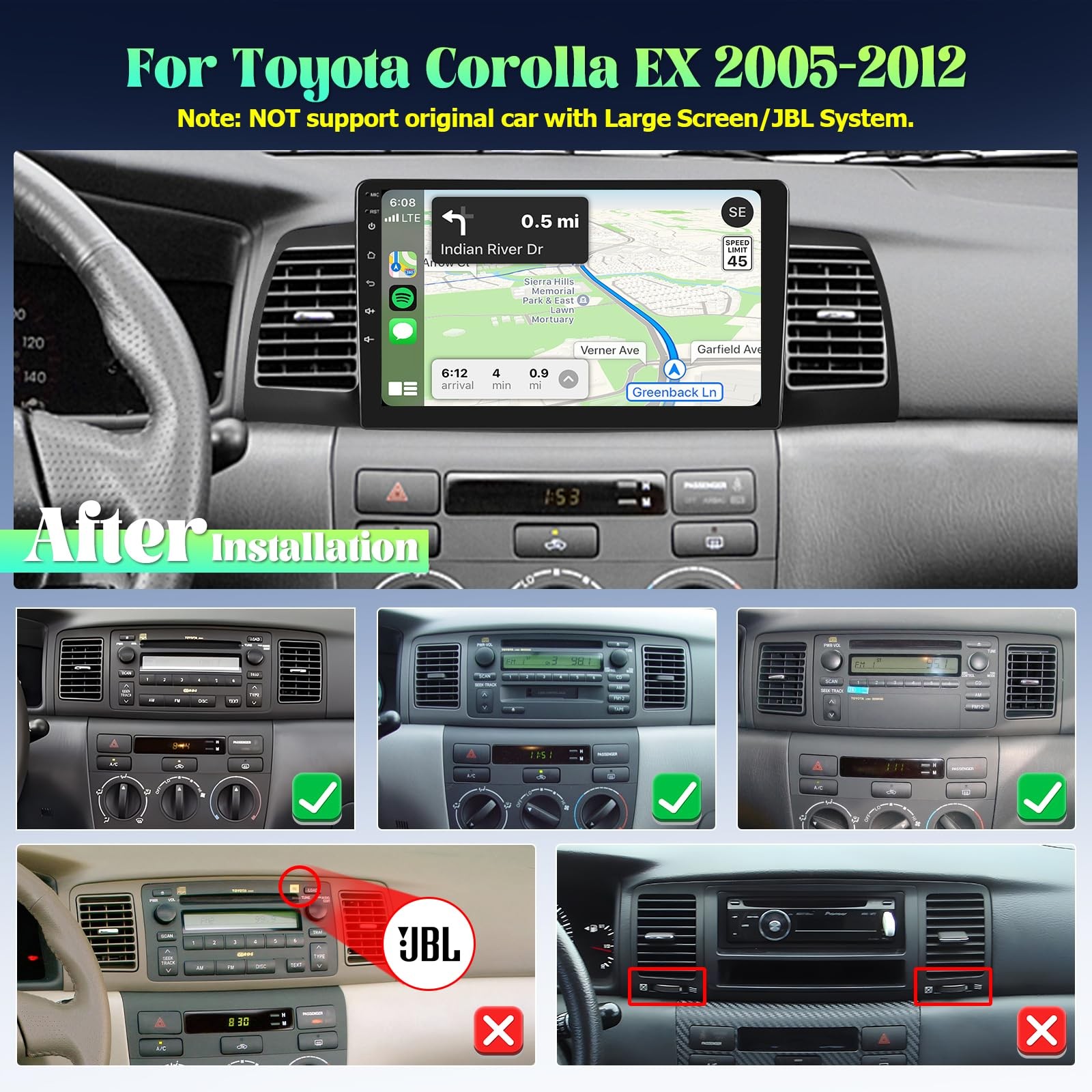 Roinvou 232G Android Carplay Stereo For 2005-2012 Toyota Corolla Ex 9 Touch