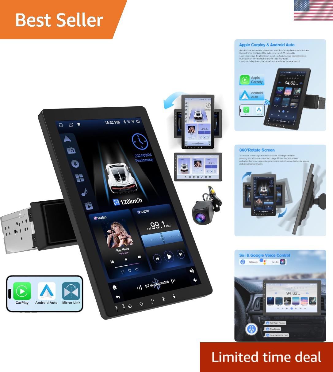 10.1″ Rotatable Touch Screen Car Stereo Single Din – Android 13, Wireless Car…