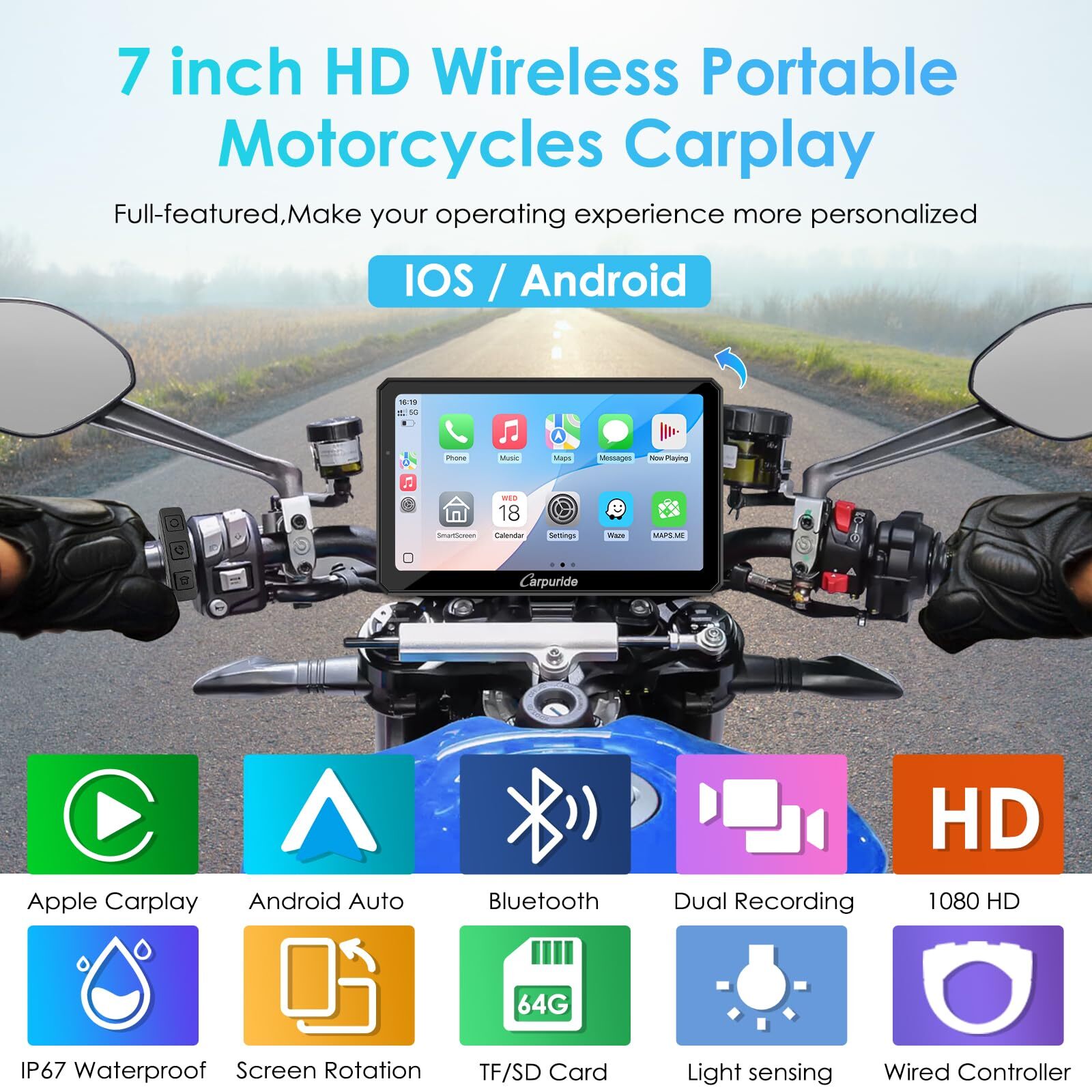Carpuride W712D Moto CarPlay Android Auto Waterproof Touchscreen Wired Controlle