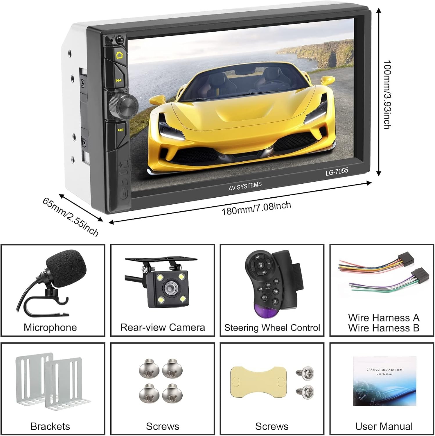 Advanced 7-Inch Double Din Stereo with FM, Bluetooth, and Steering Wheel Control