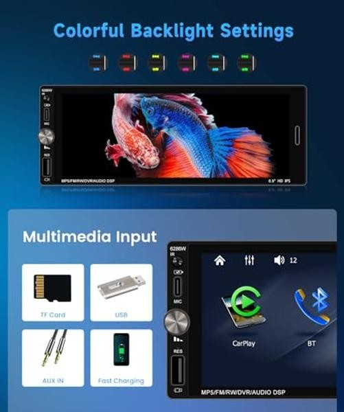 6.9 Inch Single Din Car Stereo with Wireless CarPlay/Android Auto/Mirror