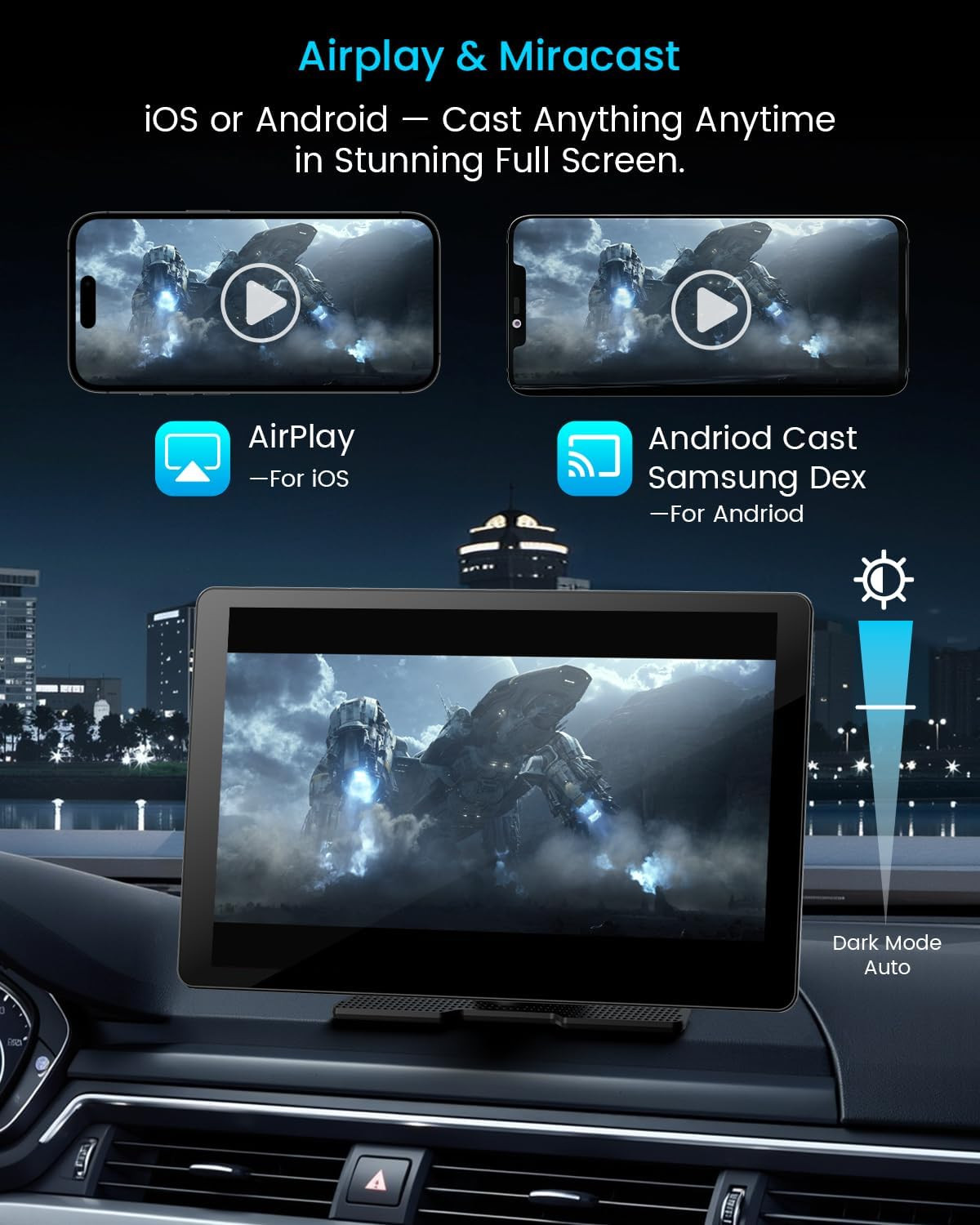 11″ Extra Large Wireless Apple Carplay Screen for Car – Ultra-Slim 0.16 Inch Tou