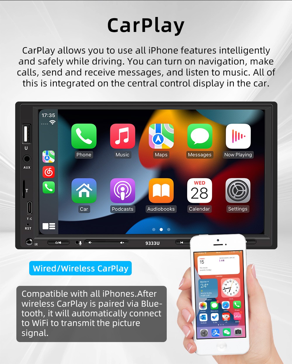 7″ Single 1Din Touch Screen Stereo Bluetooth Radio Car Apple/Android Carplay FM