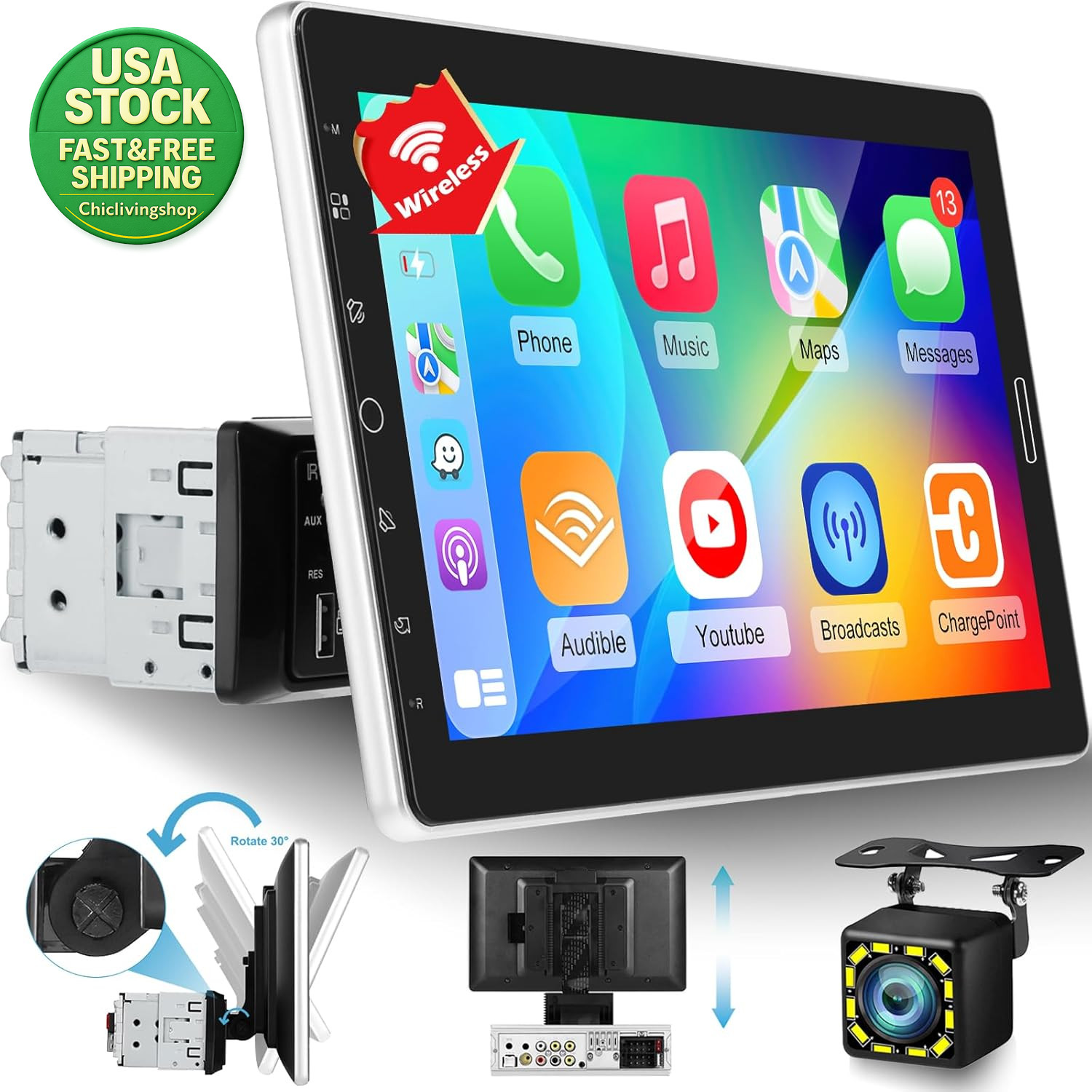 10.1 Inch Single Din Touchscreen Car Stereo Wireless Carplay Android Auto