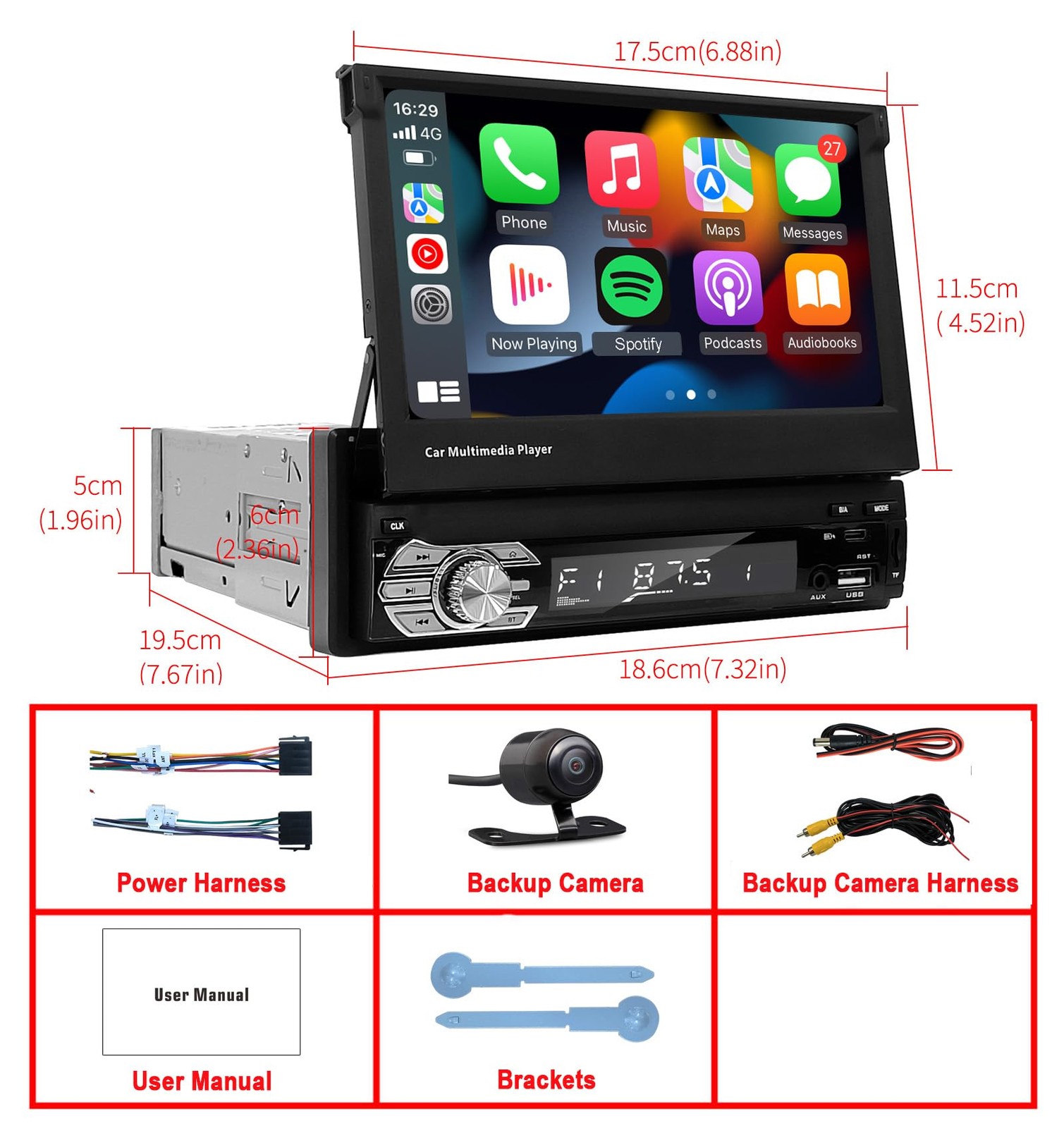 Type-C&USB Single-Din-Carplay& Android-Auto-Car-Radio 7-inch Flip Out Touchsc…