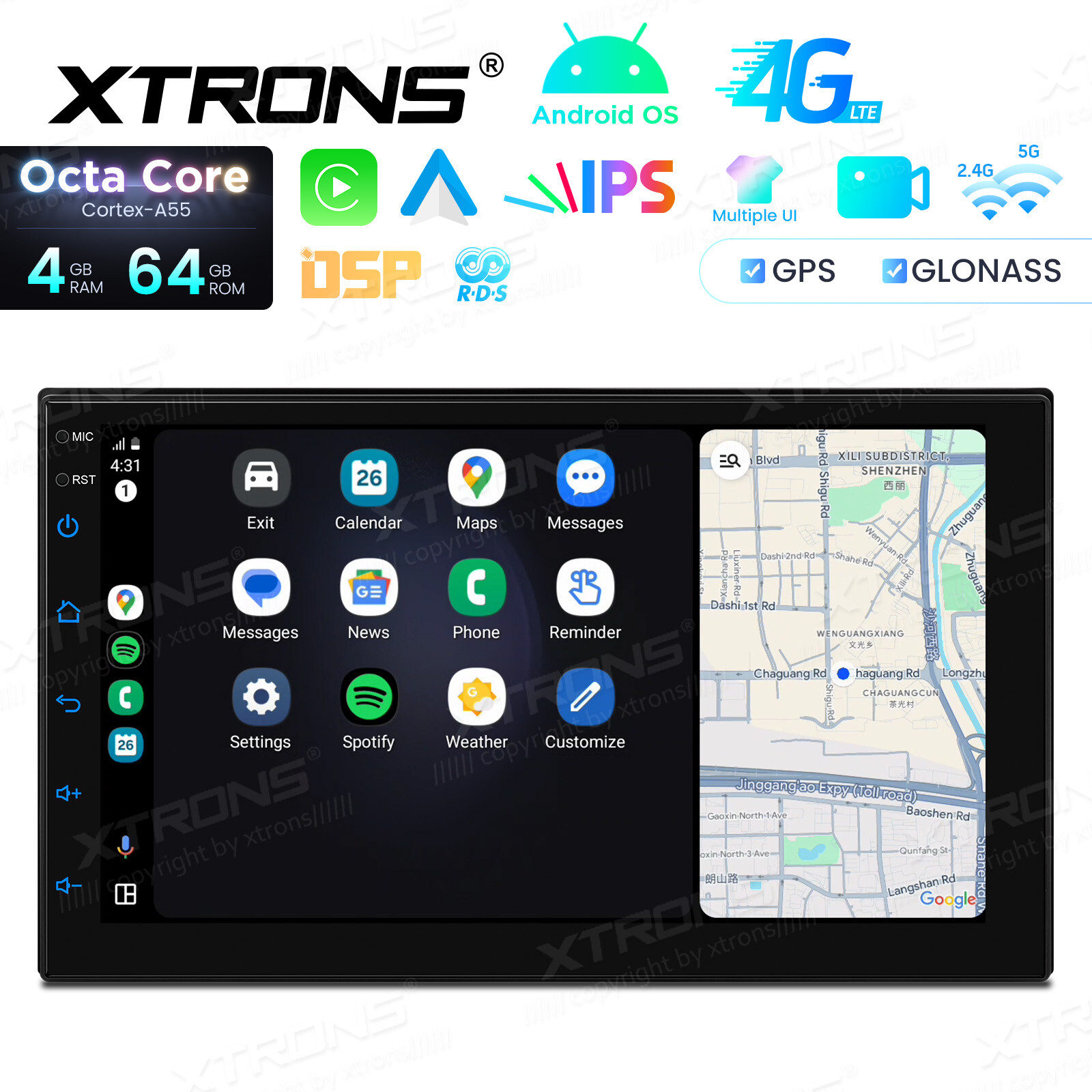 XTRONS 7″ IPS 2DIN Car Play Android 14 8Core 64GB Car Radio Stereo GPS Head Unit