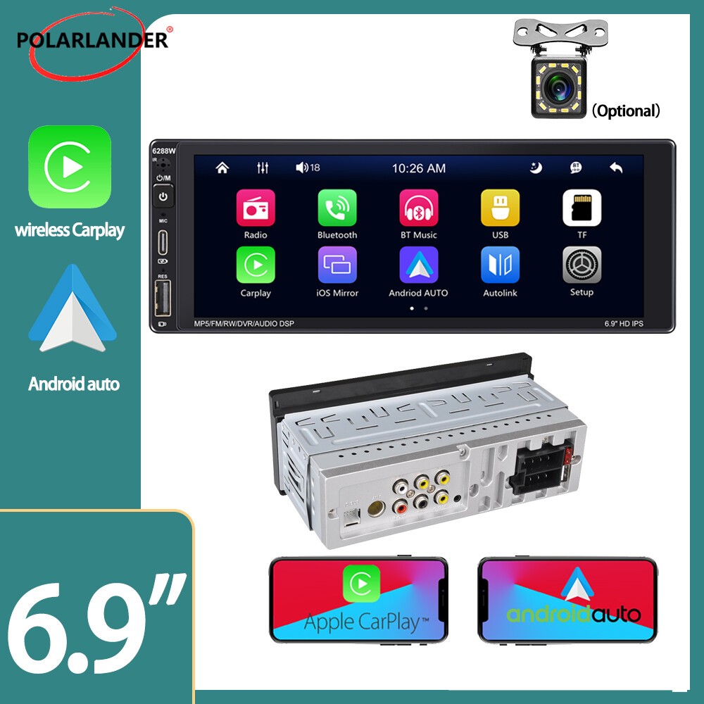 1 Din 6.9″ Carplay Android Auto Bluetooth RDS Touch Screen+Camera Car Radio
