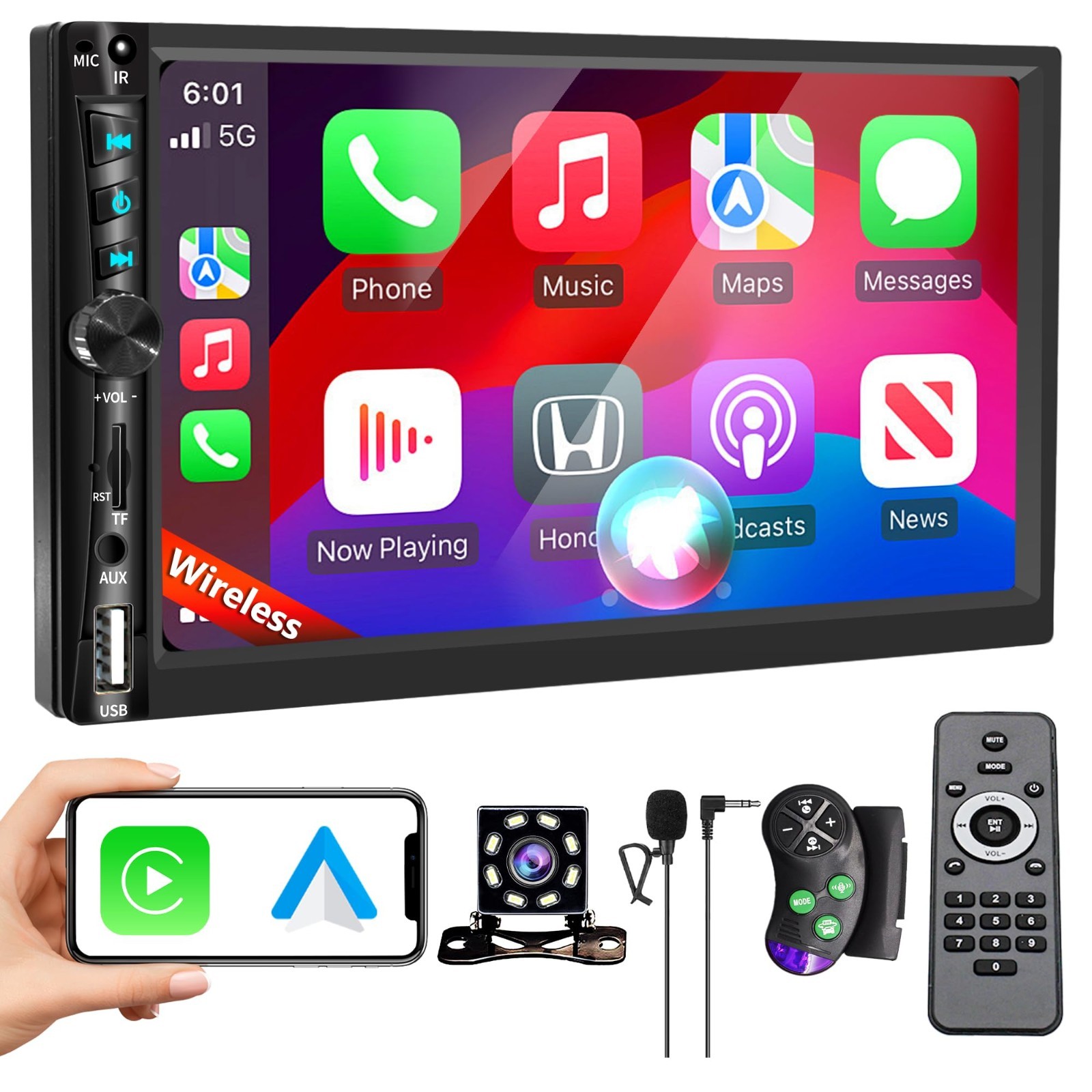 7″ Double Din Car Stereo – Apple CarPlay, Android Auto, Bluetooth 5.2, Touchscre