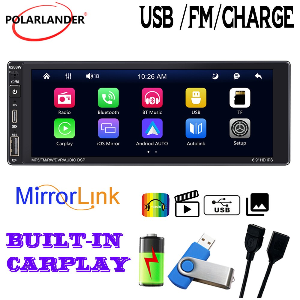 1 Din Android auto 6.9″ Wireless Carplay Bluetooth Car Stereo Radio Touch Screen