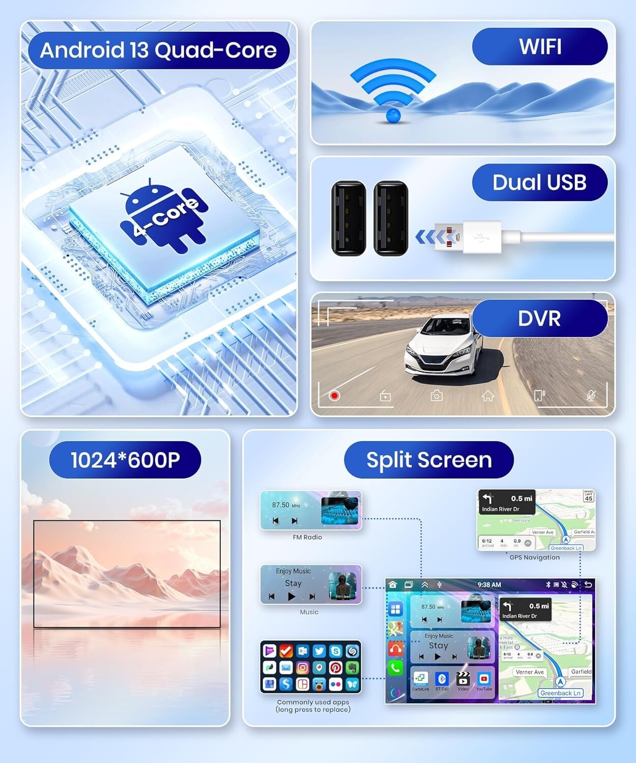 Wireless Carplay Android Auto 10.1”Touch Screen Bluetooth Car Audio GPS WiFi+AHD
