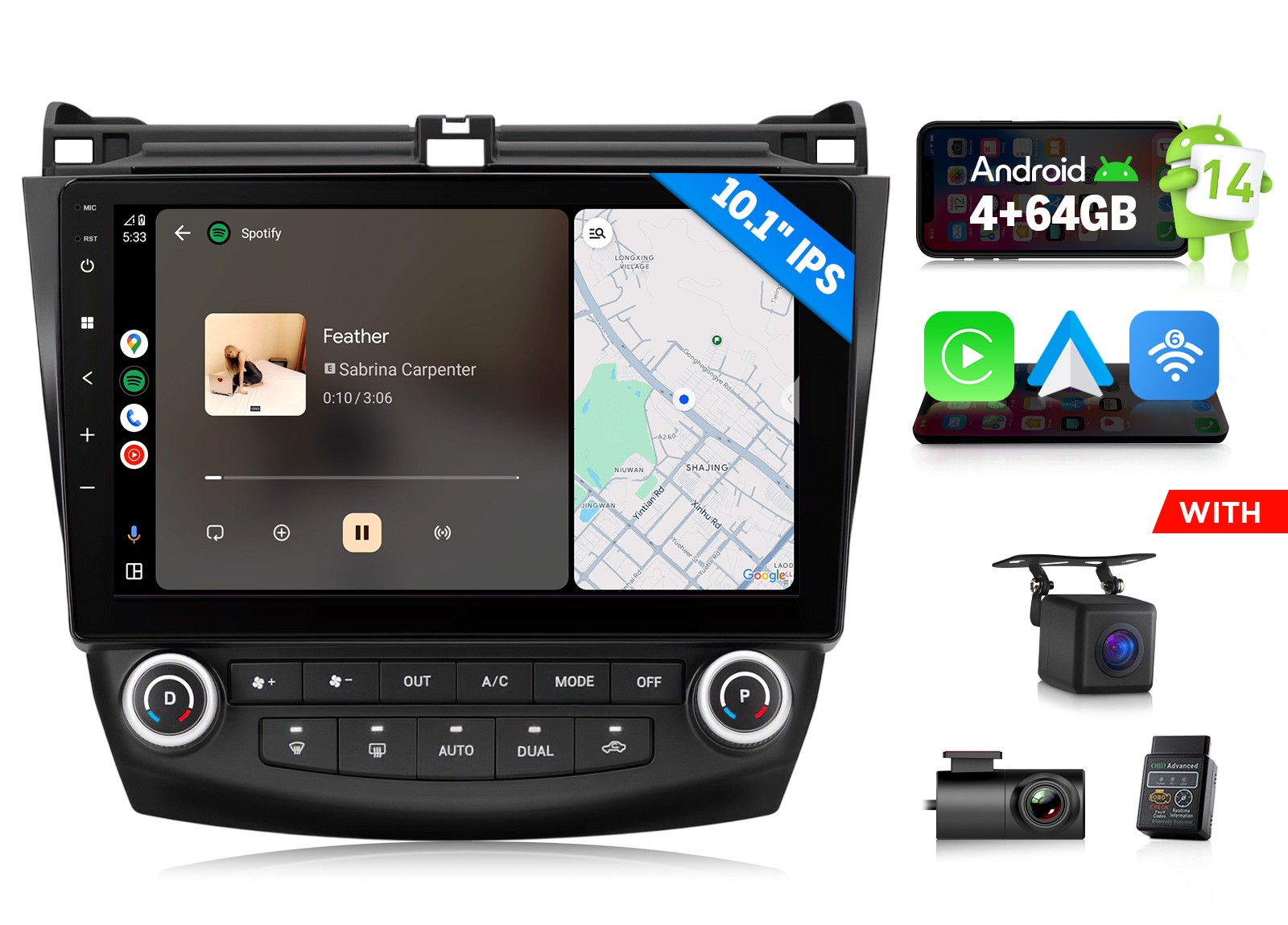 HAC1X7A For Honda Accord 2005 10″ Car Stereo Android 14 4+64 CarPlay SWC+DVR+OBD