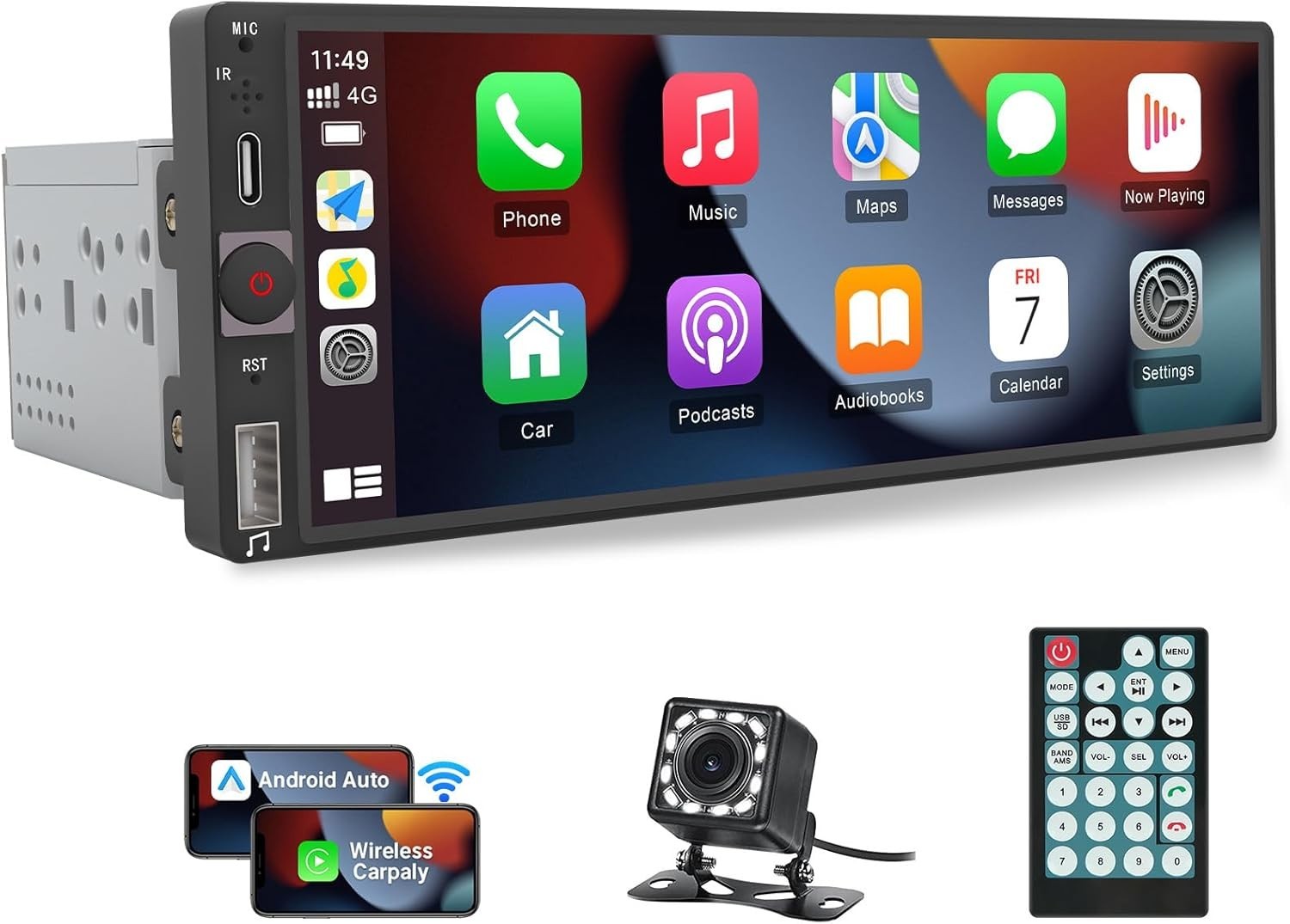 Single Din Car Stereo Wireless Apple CarPlay 6.9 touchscreen Bluetooth Radio USB
