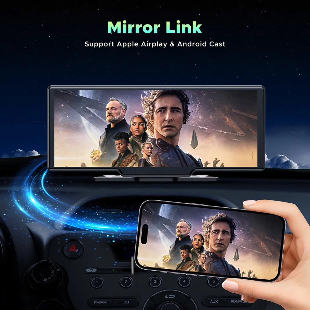 10.2″ Wireless Carplay Monitor Screen Android Auto DVR Front Rear Cam Rearview