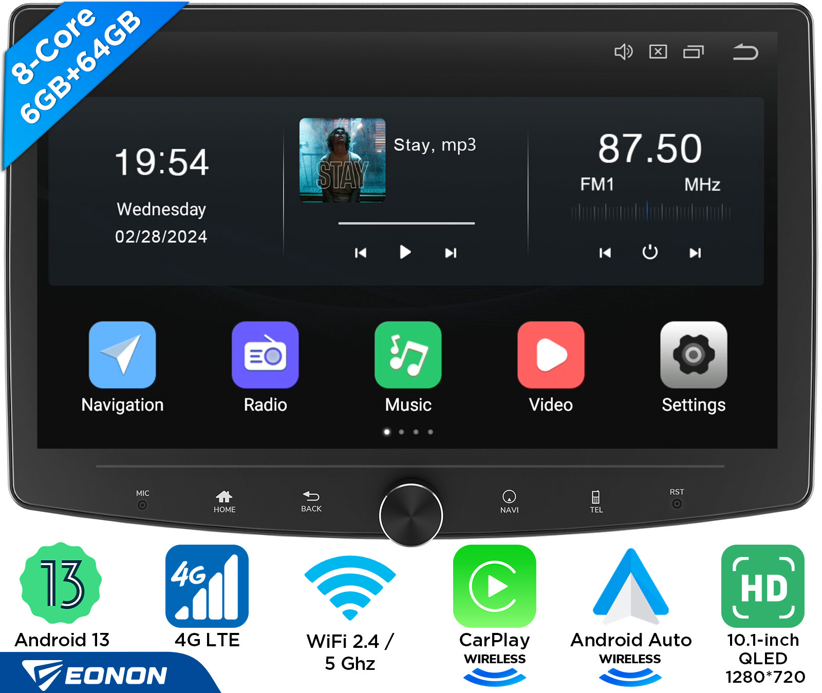 Eonon 10.1″ 6+64 QLED Touch Screen Car Stereo Radio 2 DIN Android 13 CarPlay GPS