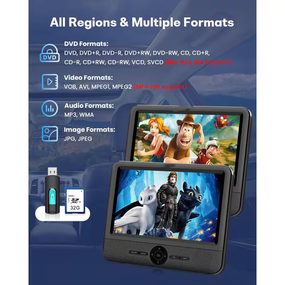 7.5 In. Car DVD Player Dual Screen Play a Same/2 Different Movies with AV Out/In