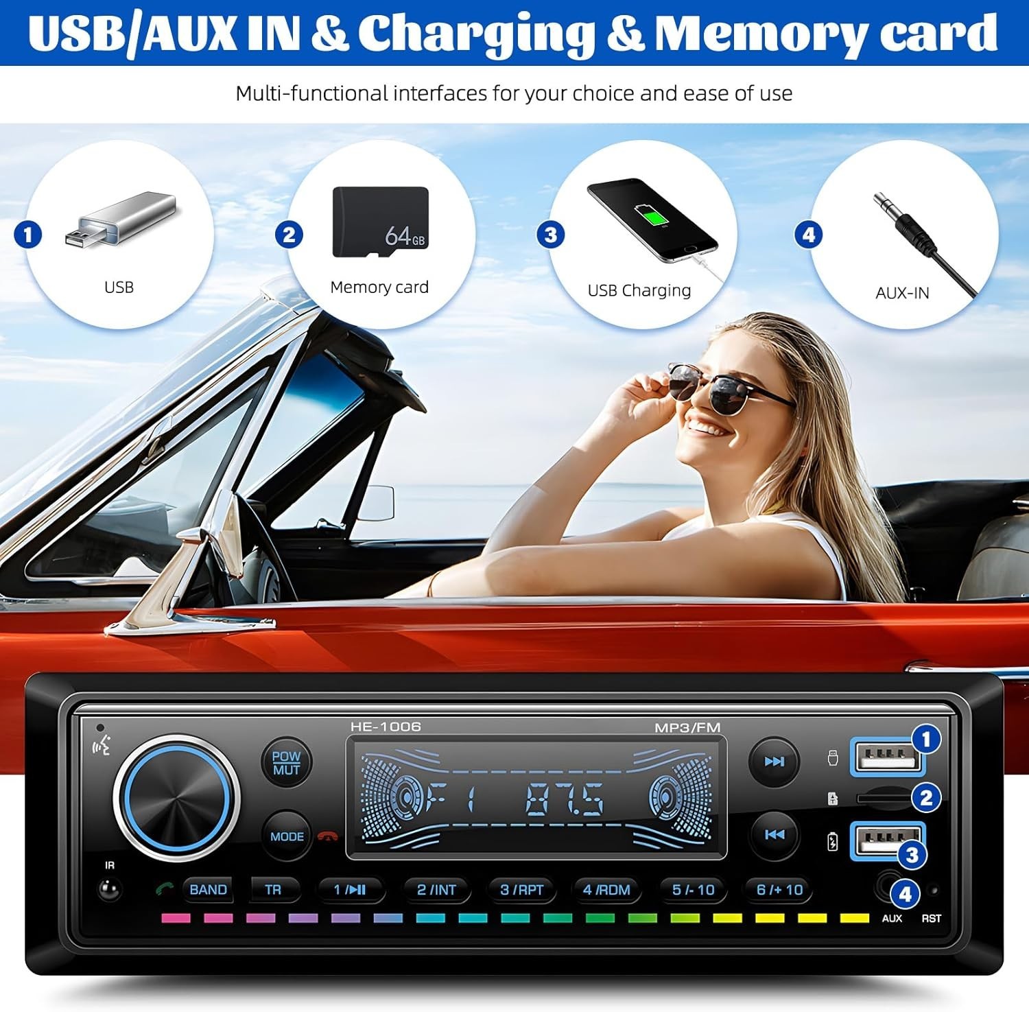 Multimedia Car Stereo with FM Radio, Quick Charge & Hands-Free Bluetooth Calling