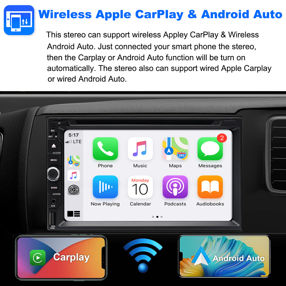 7″ Double 2Din Car Stereo with Apple Carplay Android Auto Play DVD Radio+Camera