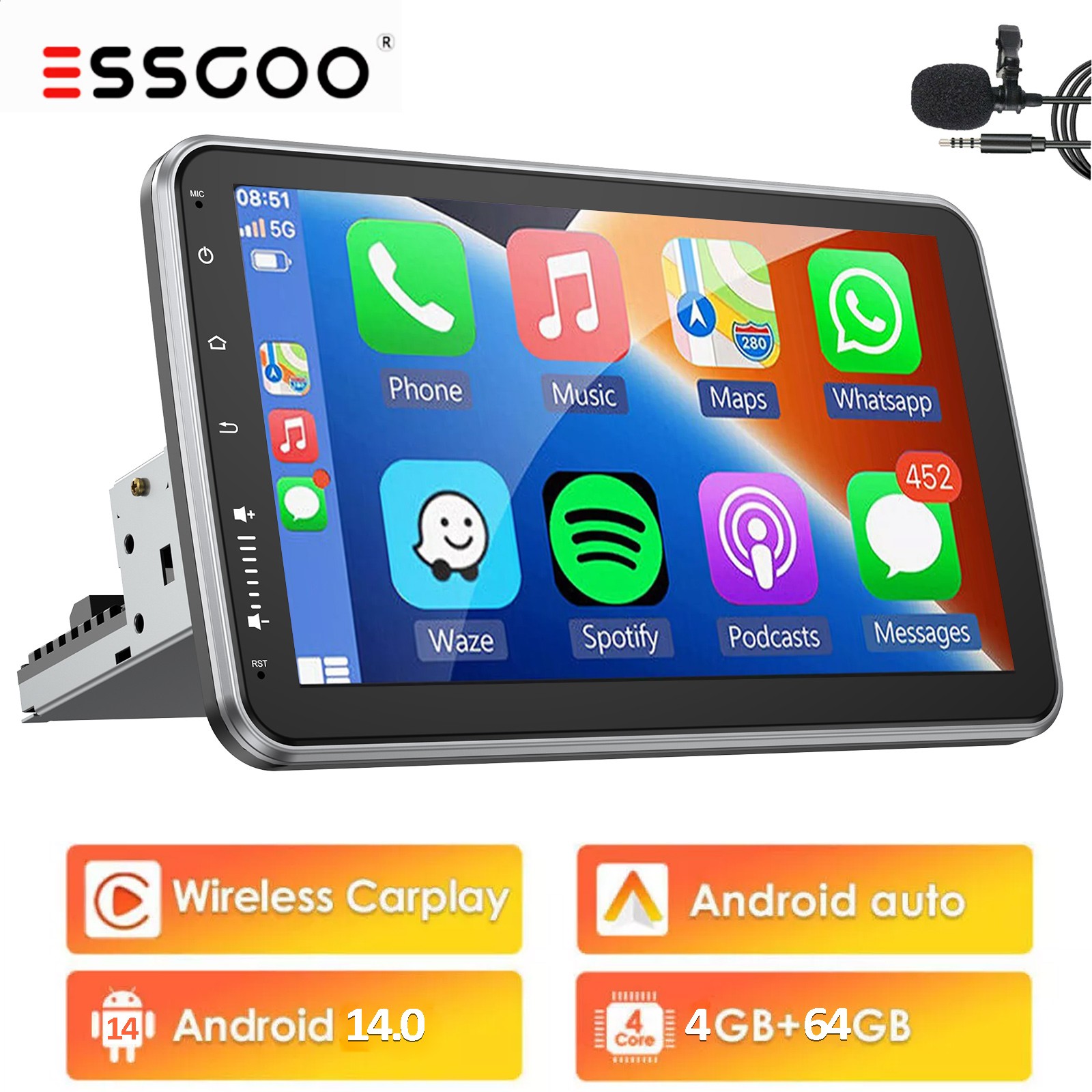 10” 4+64GB Apple Carplay Android 14 Car Stereo Radio Rotatable GPS Single 1 DIN