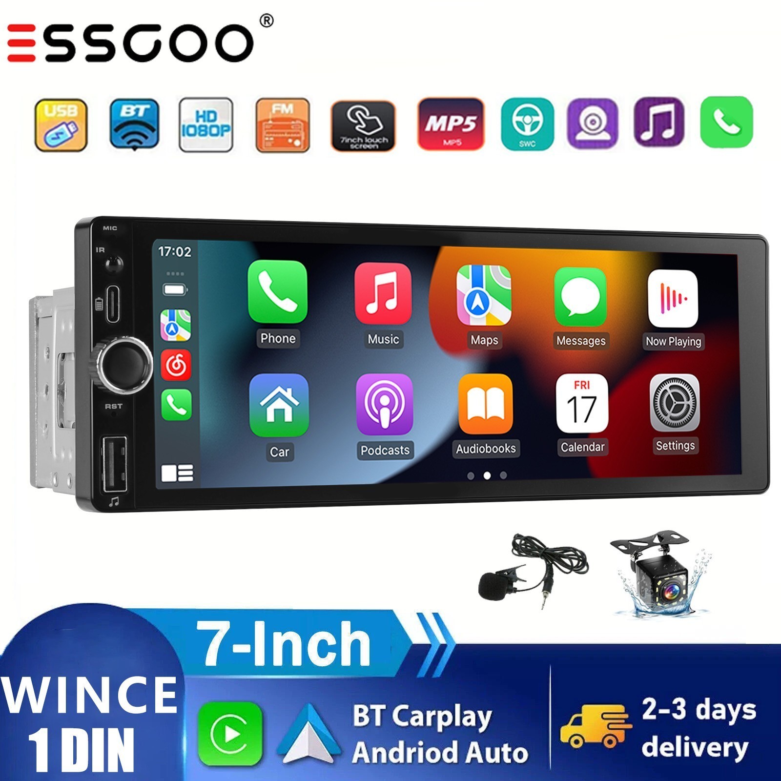 7″ Single 1Din Car Stereo Radio Apple CarPlay Touch Screen USB SWC BT Hands-free