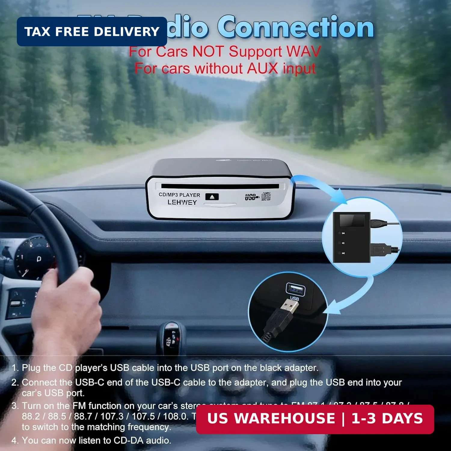 External Universal CD Player for Car – Portable Car CD Players with AUX Cable &