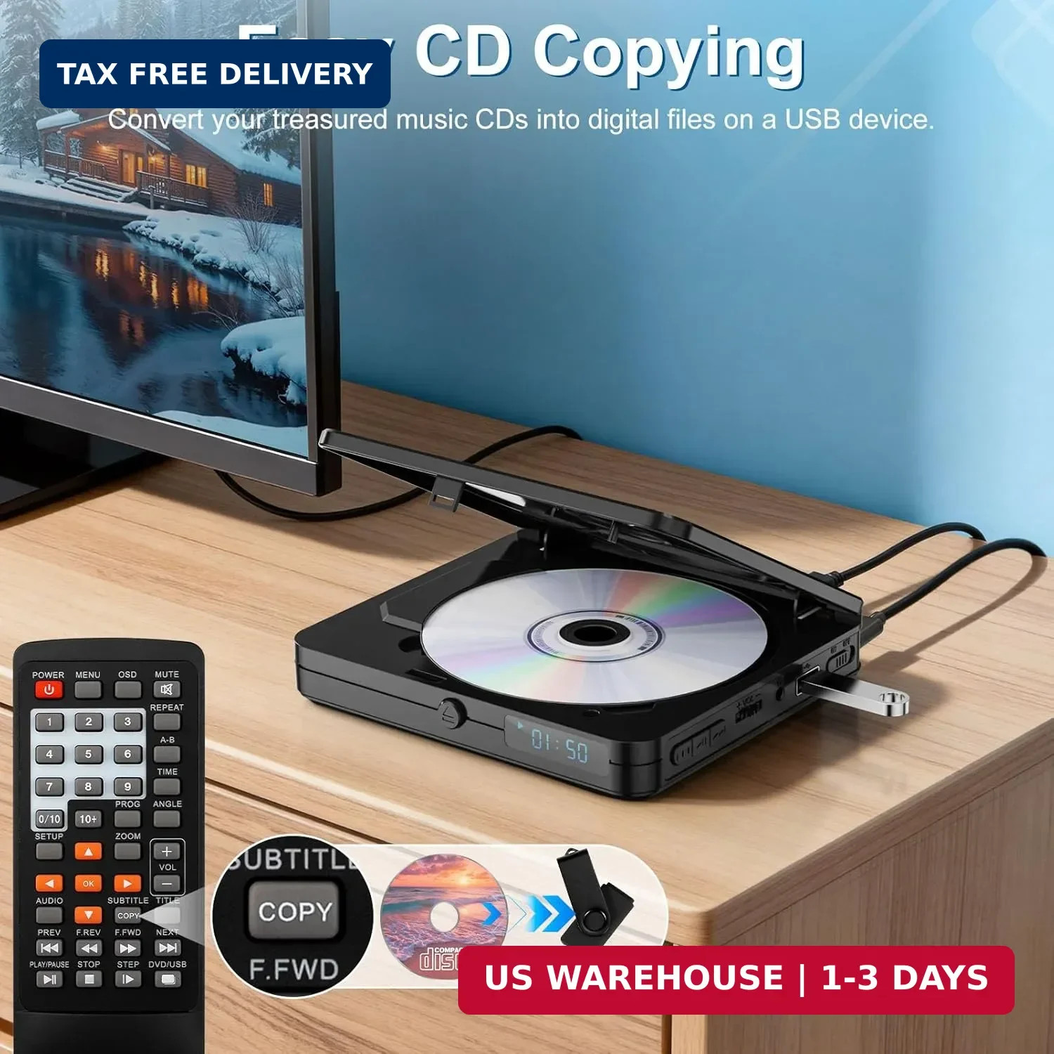 Mini DVD Player with Remote Control – All Region Free 1080P HD Small Compact CD