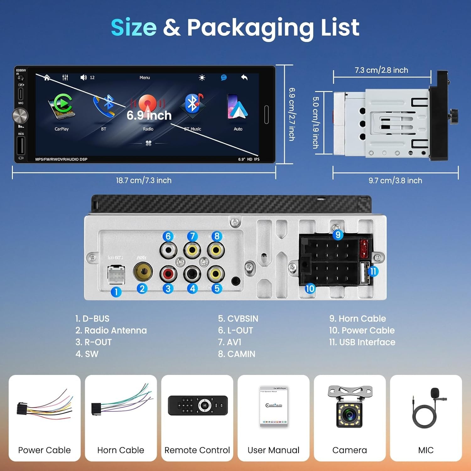 6.9″ Single DIN Android Auto Carplay Stereo with Backup Camera & Remote
