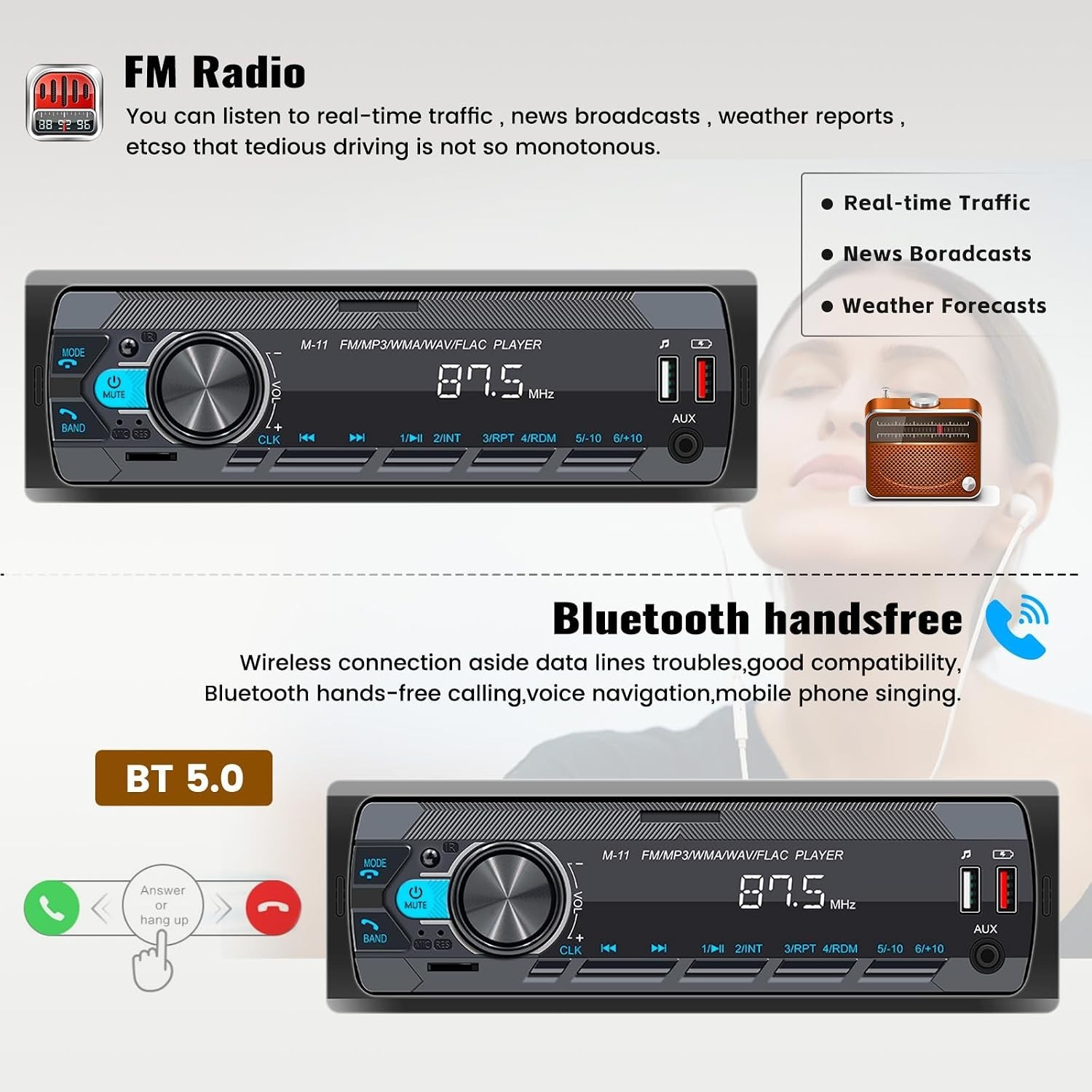Compact Single Din Car Audio System with Remote Control & Voice Control Function