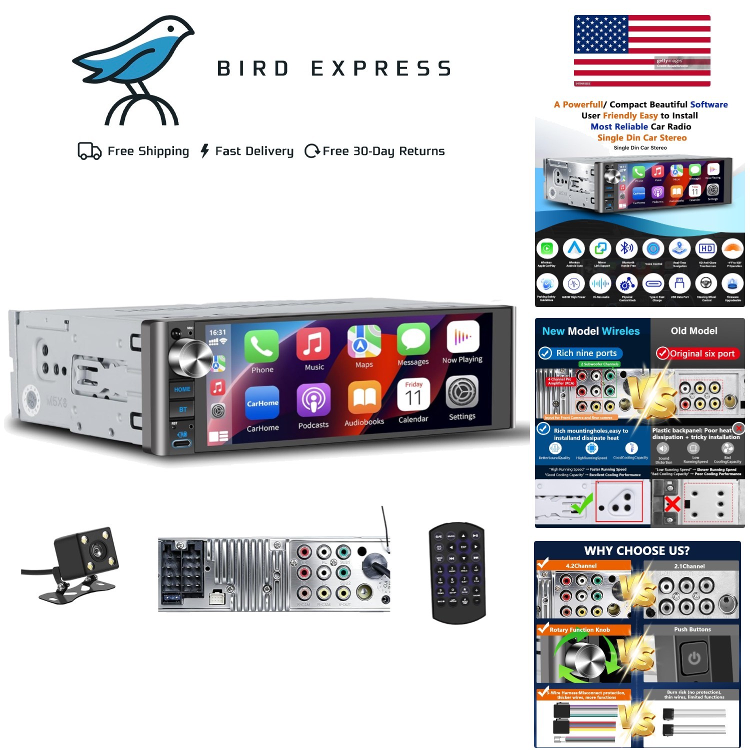 Single Din Car Stereo Wireless Apple CarPlay Android Auto 7-inch Touchscreen