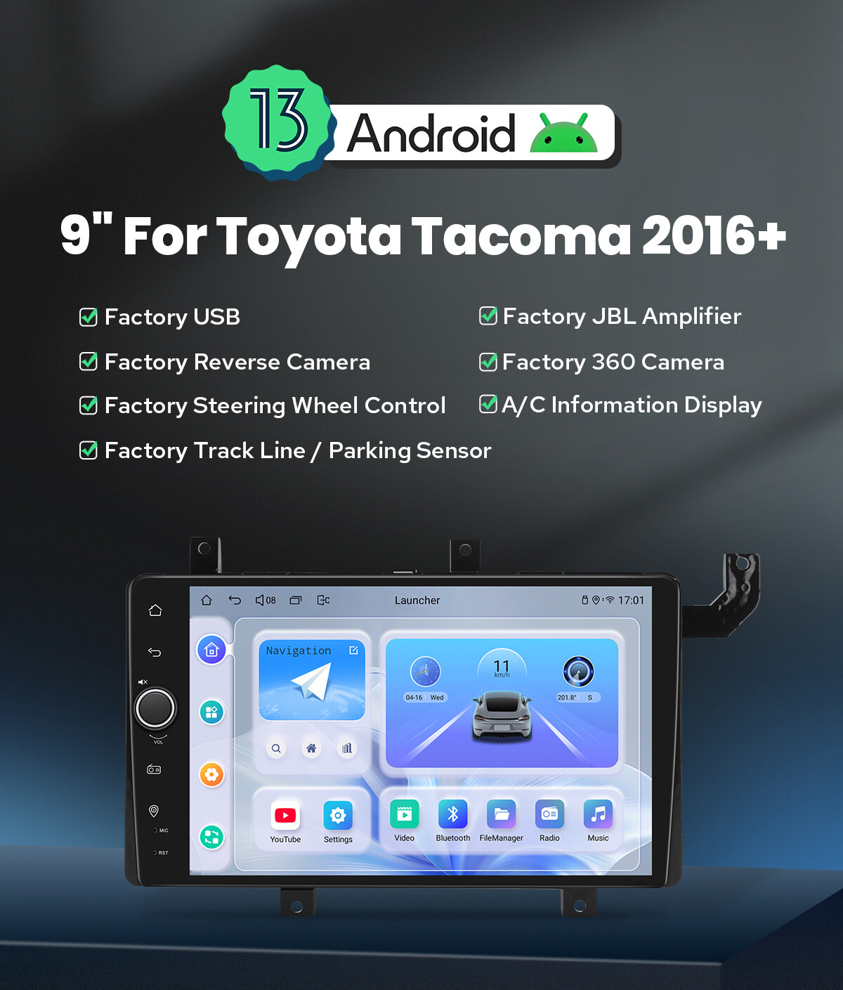 For Toyota Tacoma 2016+ 9 Inch Android 12 Octa Core Car Stereo WiFi Carplay GPS