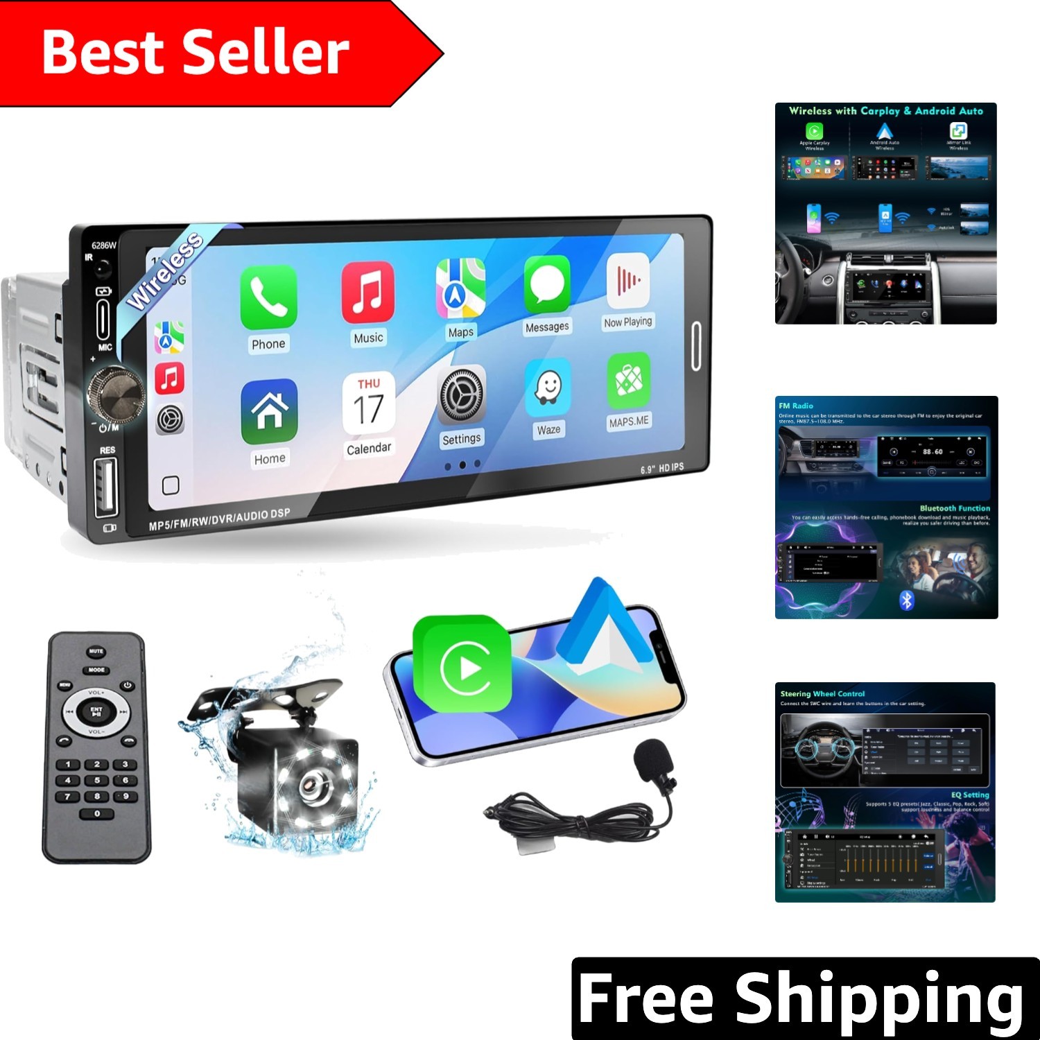 High-Performance 6.9″ Car Stereo with Bluetooth 5.0 & Night Vision Backup Cam