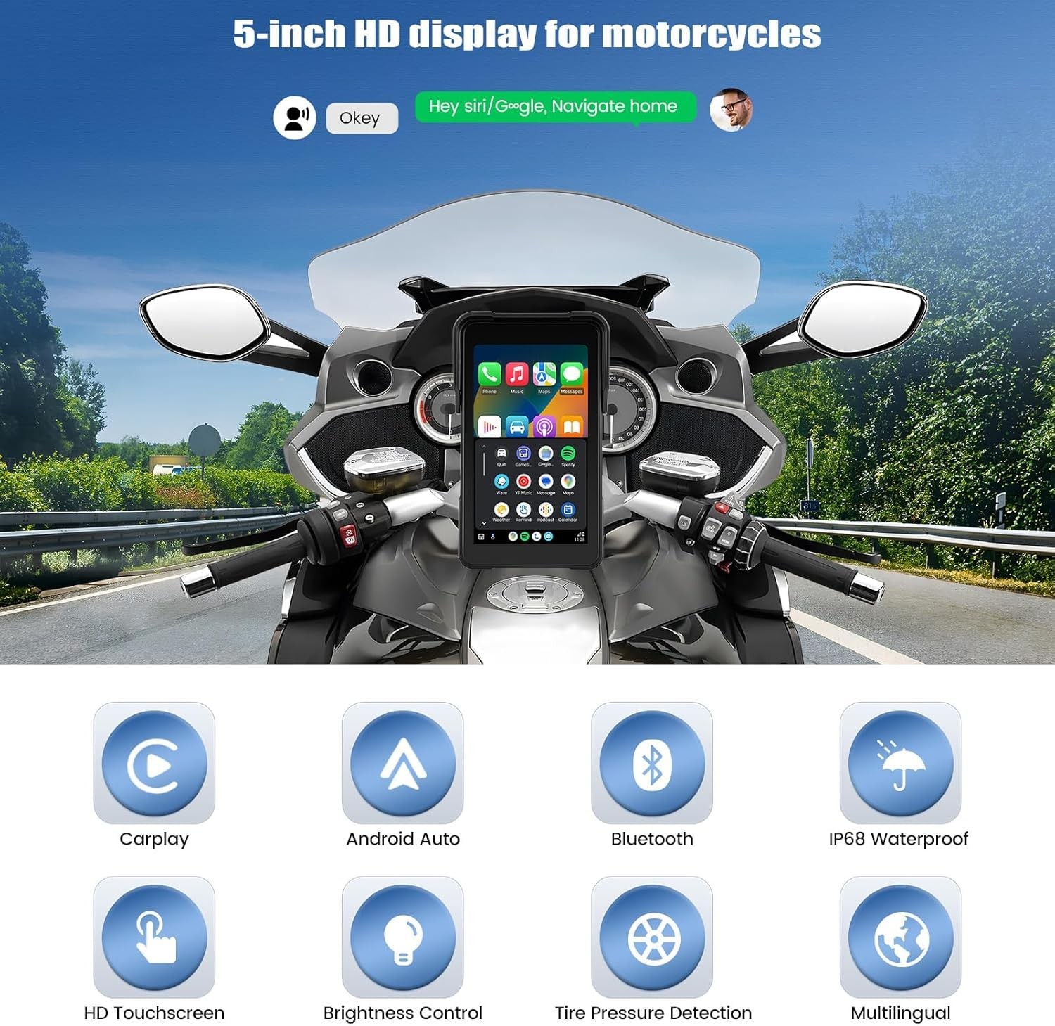 5 inch IPS Touch Screen Motorcycle GPS Wireless Portable CarPlay& P2-5