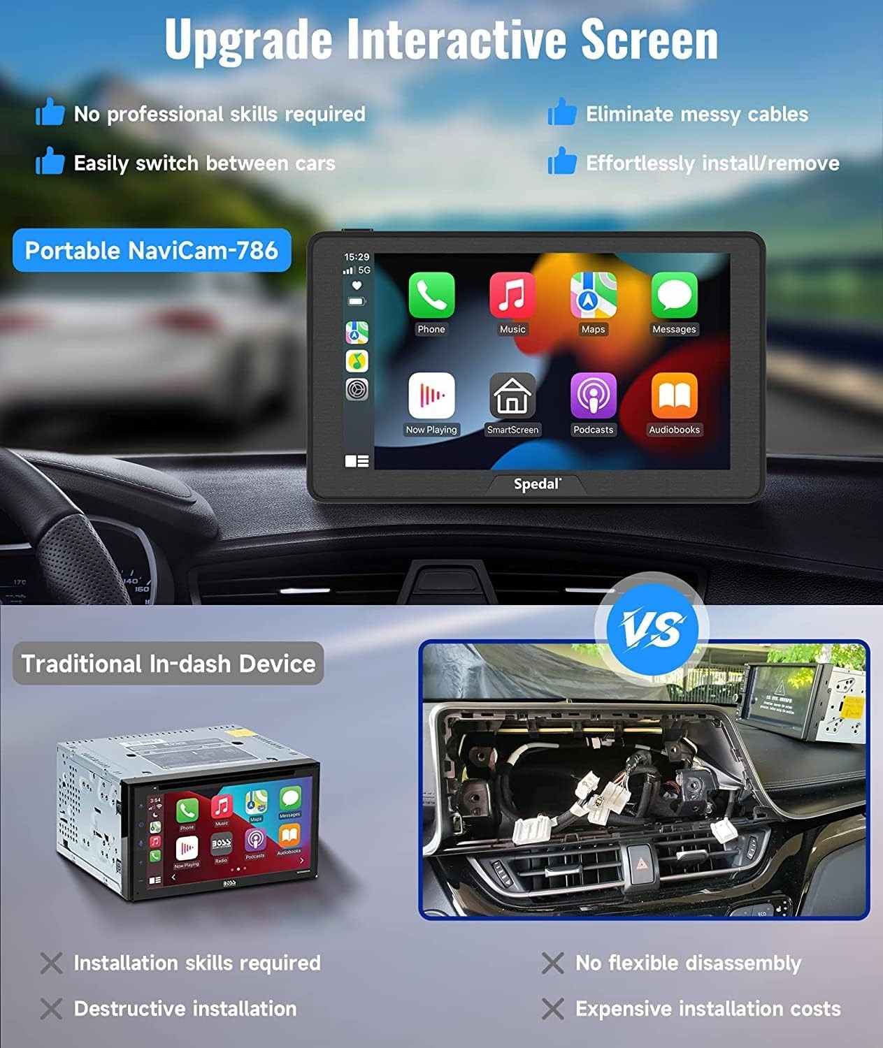 Spedal CL786 Car Stereo with Apple CarPlay, Android Auto, 7″ Touchscreen – Black