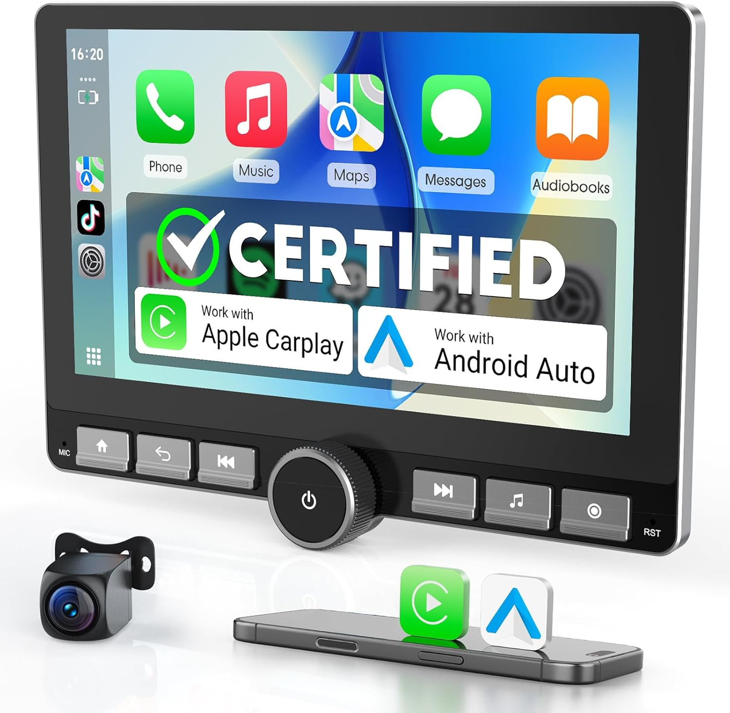 10.1” Double Din Car Stereo with Wireless Apple Carplay & Android Auto, with DS
