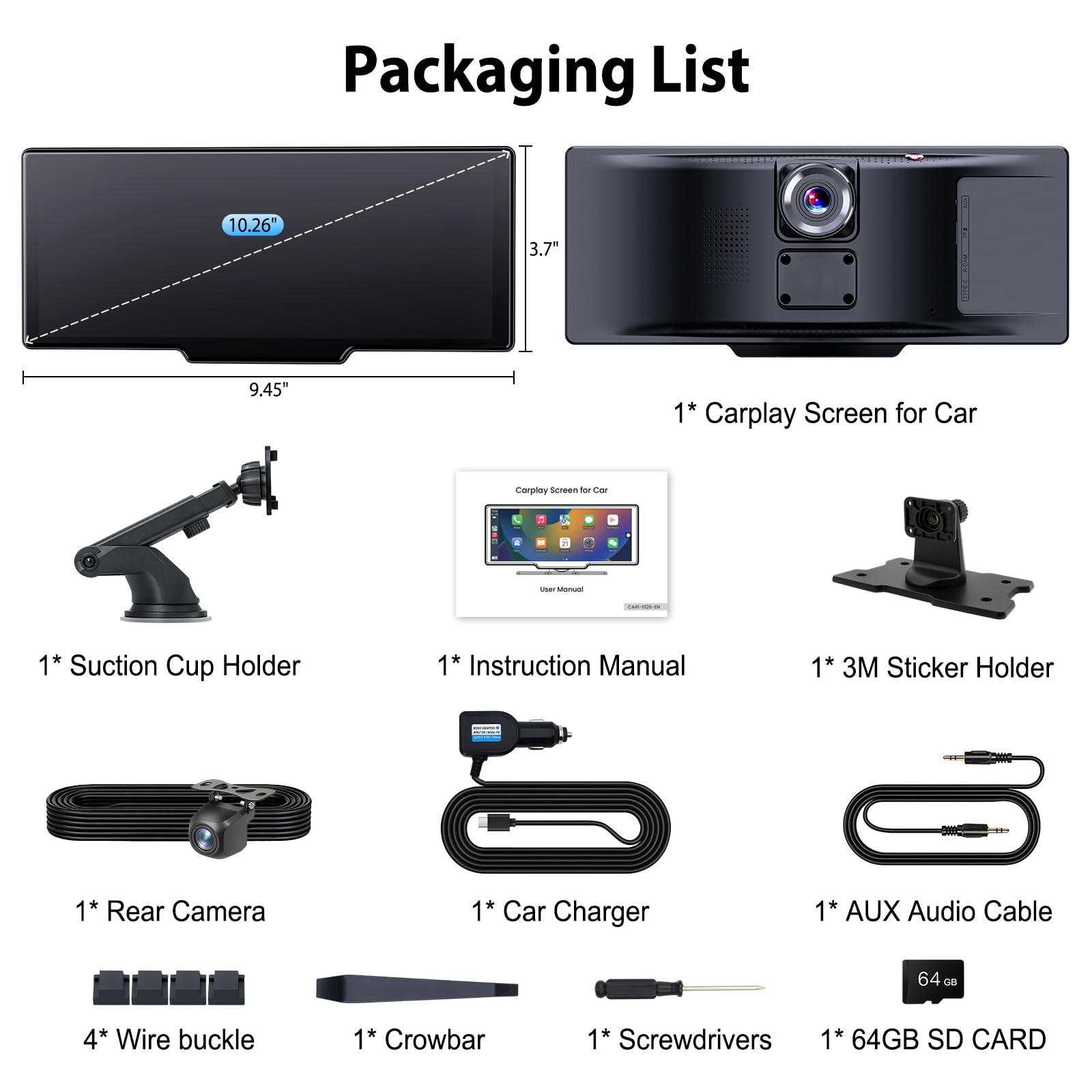 10.26″ Wireless CarPlay Screen for Car: 4K Dash Cam & 1080P Backup Black