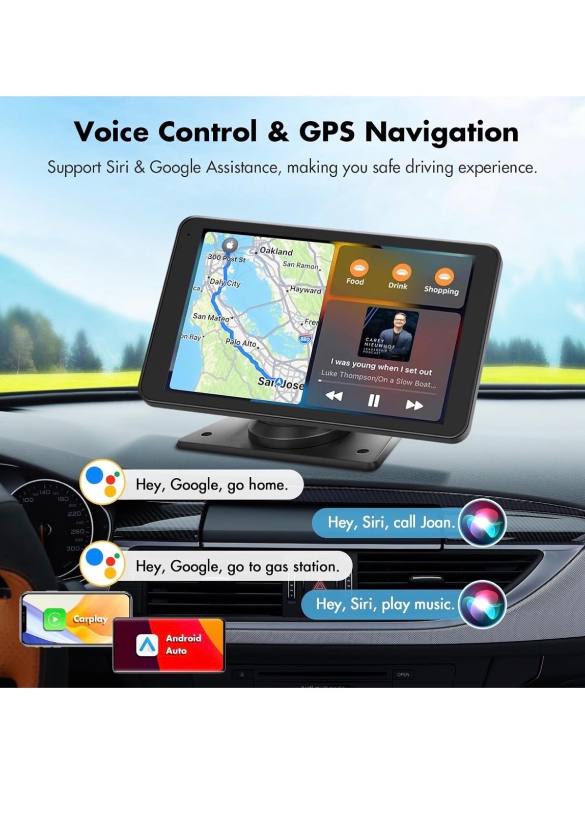 Portable Wireless Carplay Car Stereo, 7″ HD Touchscreen for 7 inch, Black