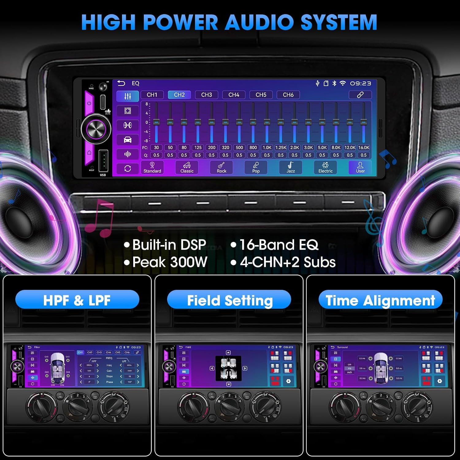 Compact Single Din Radio with 300W Power, Subwoofer Outputs & Voice Assist
