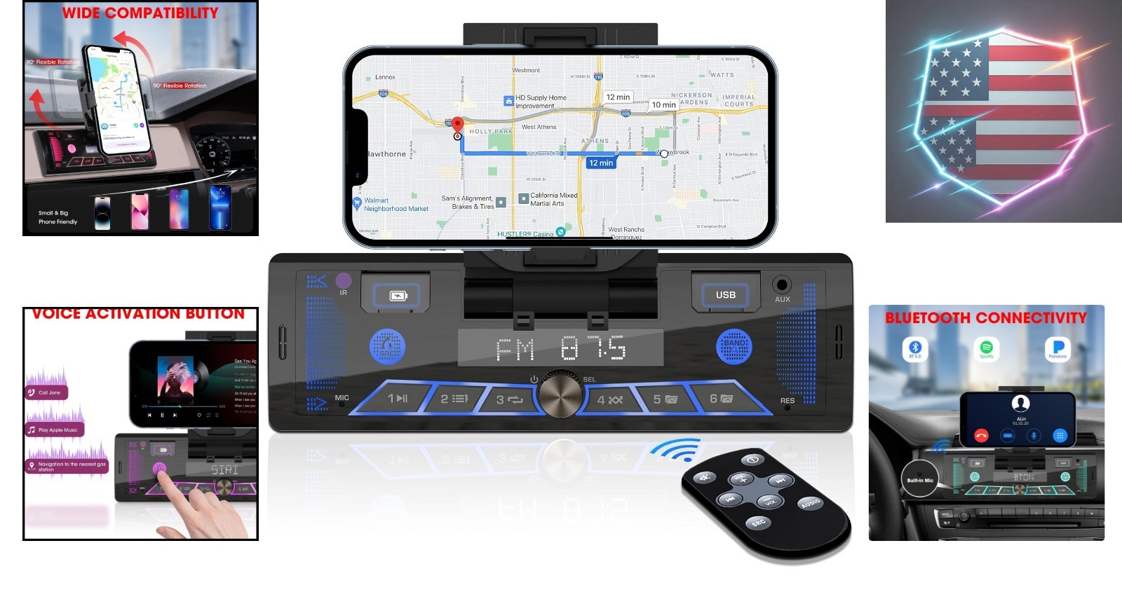 Single-Din Stereo with Car Phone Holder – Bluetooth Car Radio – Push to Talk …