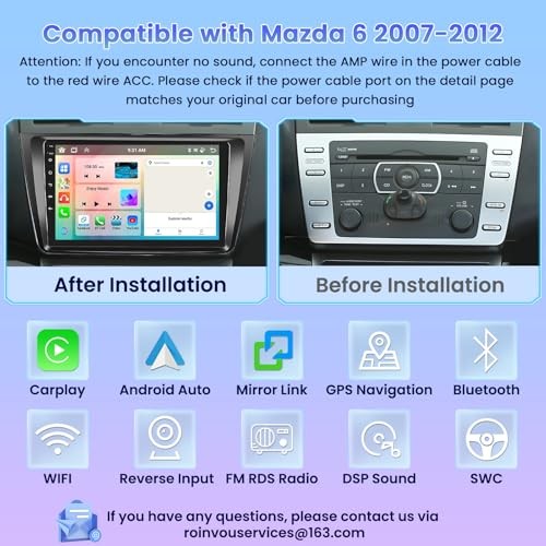8 Core 4+64G Car Radio for Mazda 6 2007 2008 2009 2010 2011 2012, 9″ Touch