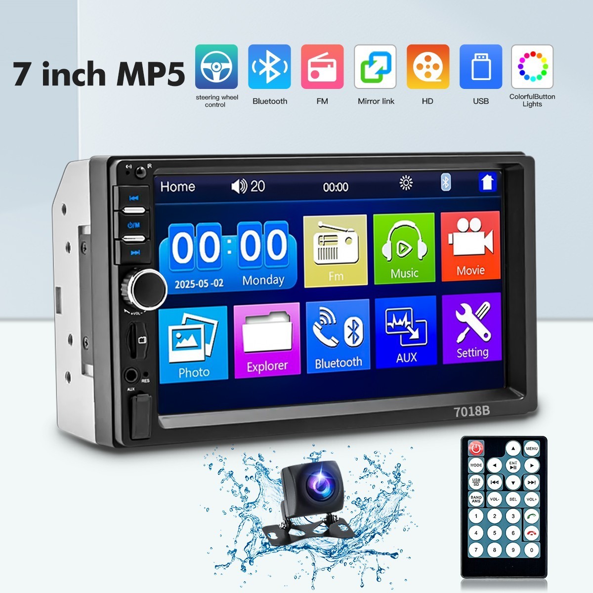 7″ Double DIN Touchscreen MP5 Car Stereo Bluetooth FM USB AUX Video Player