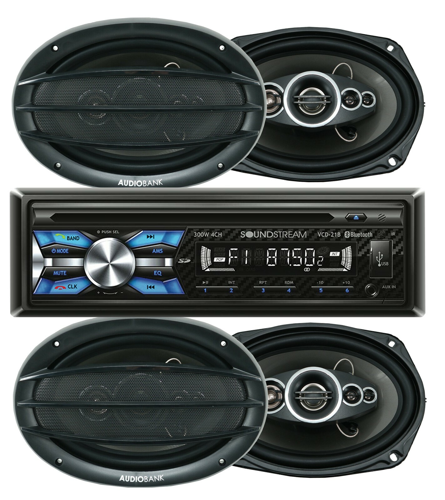 Soundstream VCD-21B 1-DIN CD Player Receiver+ 4x Audiobank AB-690 6×9″ Speaker