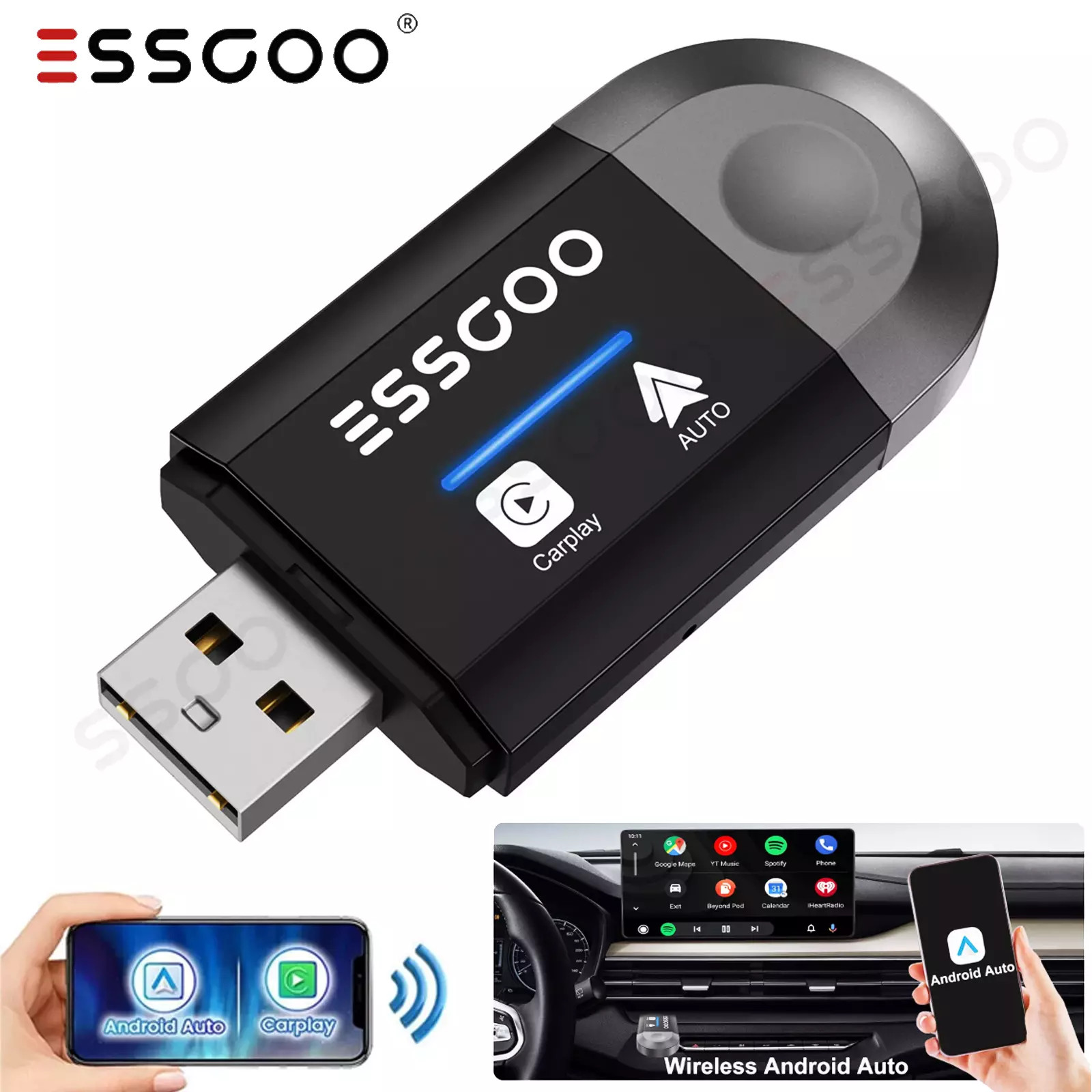 2in 1 Wireless Apple Carplay Android Auto Wireless Adapter Smart USB Dongle 2024