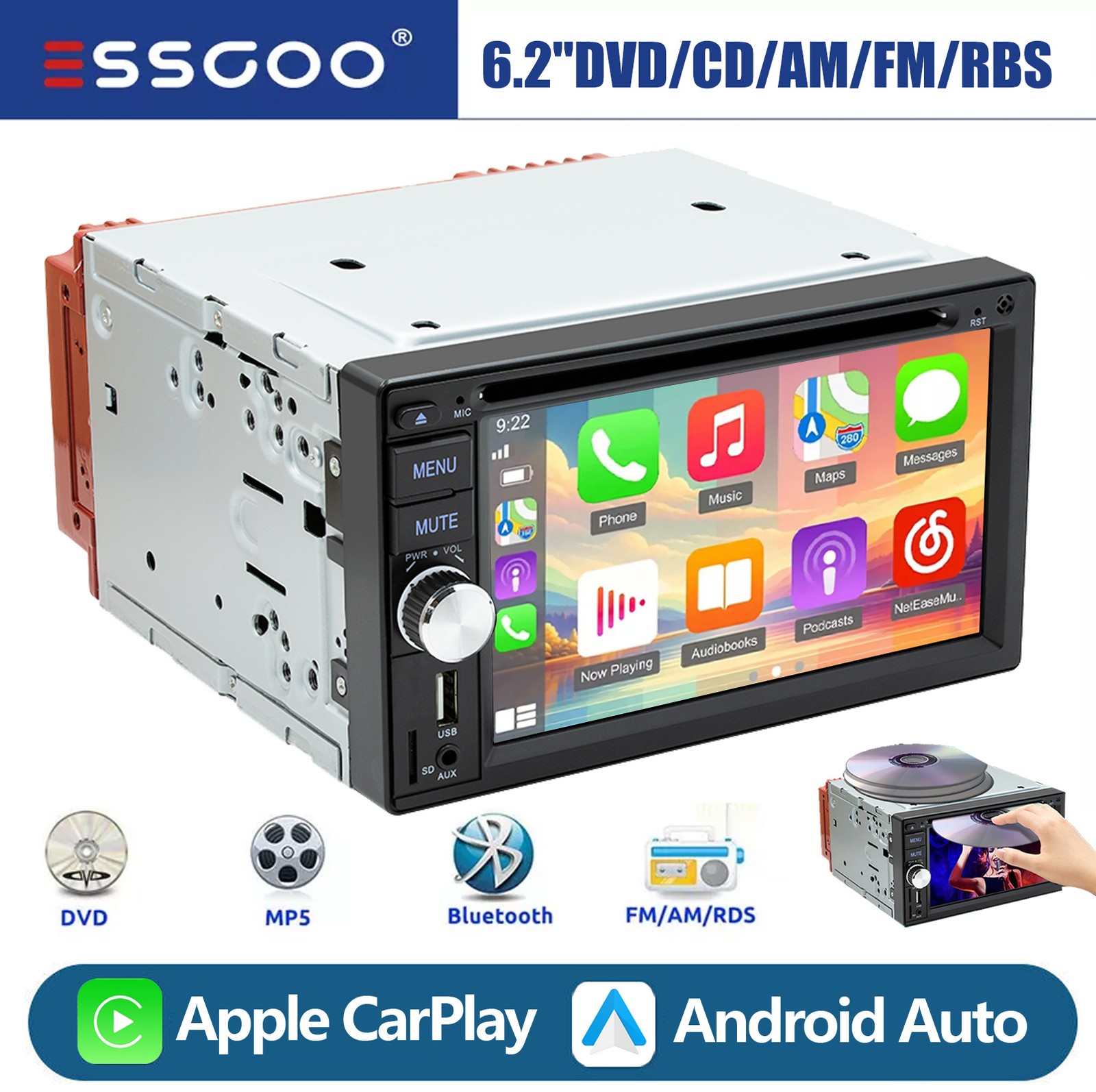 Double 2Din Carplay/Android Auto CD DVD Car Stereo FM/AM/RDS AUX USB Mirror Link