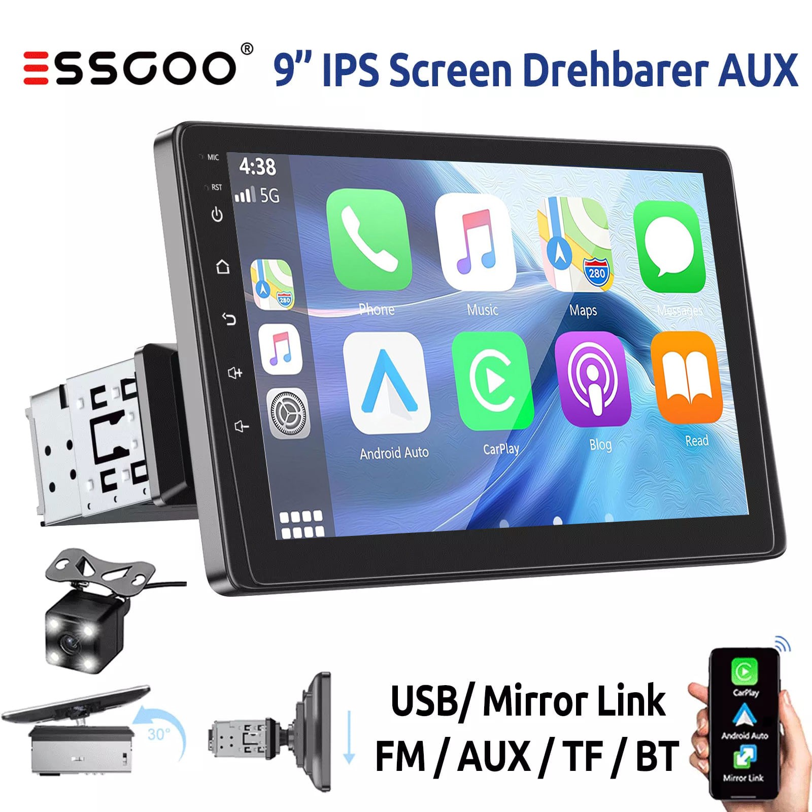 9″ Single DIN Wireless Apple CarPlay Android Auto Car Stereo Touch Screen USB FM