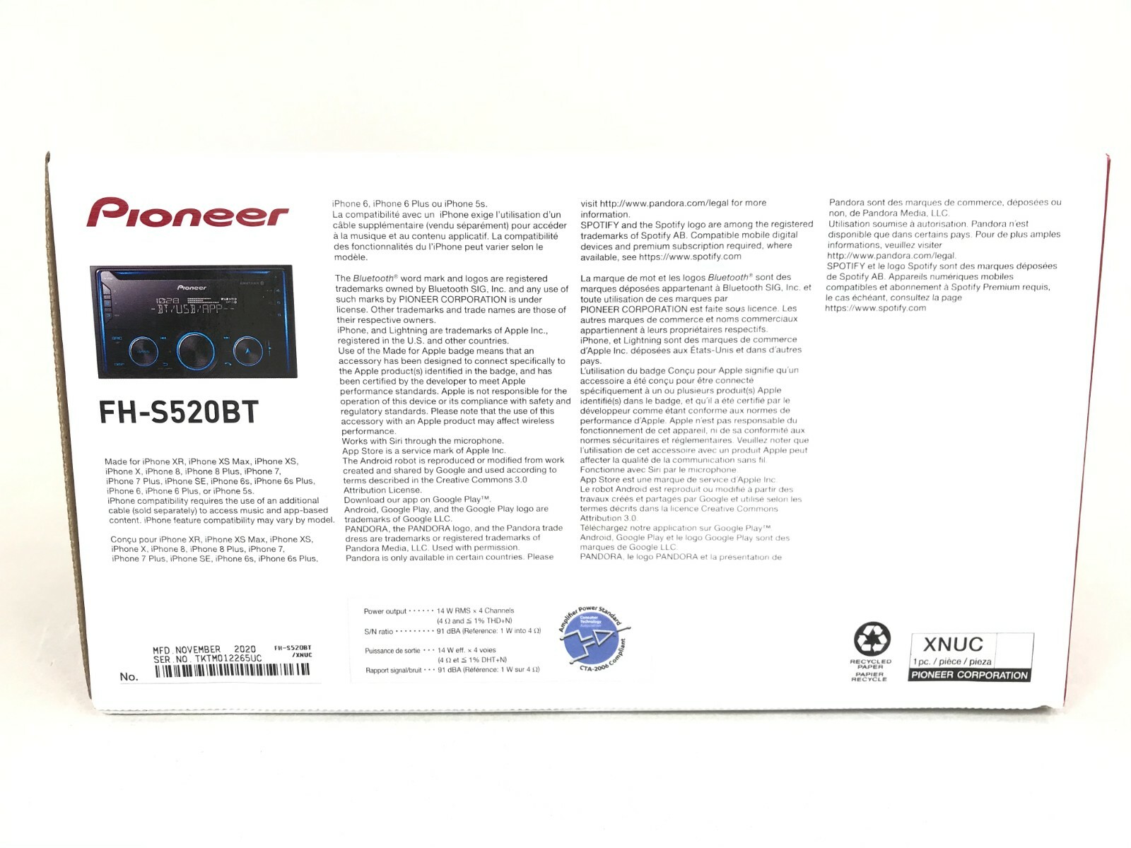 Pioneer FH-S520BT Bluetooth CD MP3 iPhone Android Pandora Spotify USB Aux AM FM
