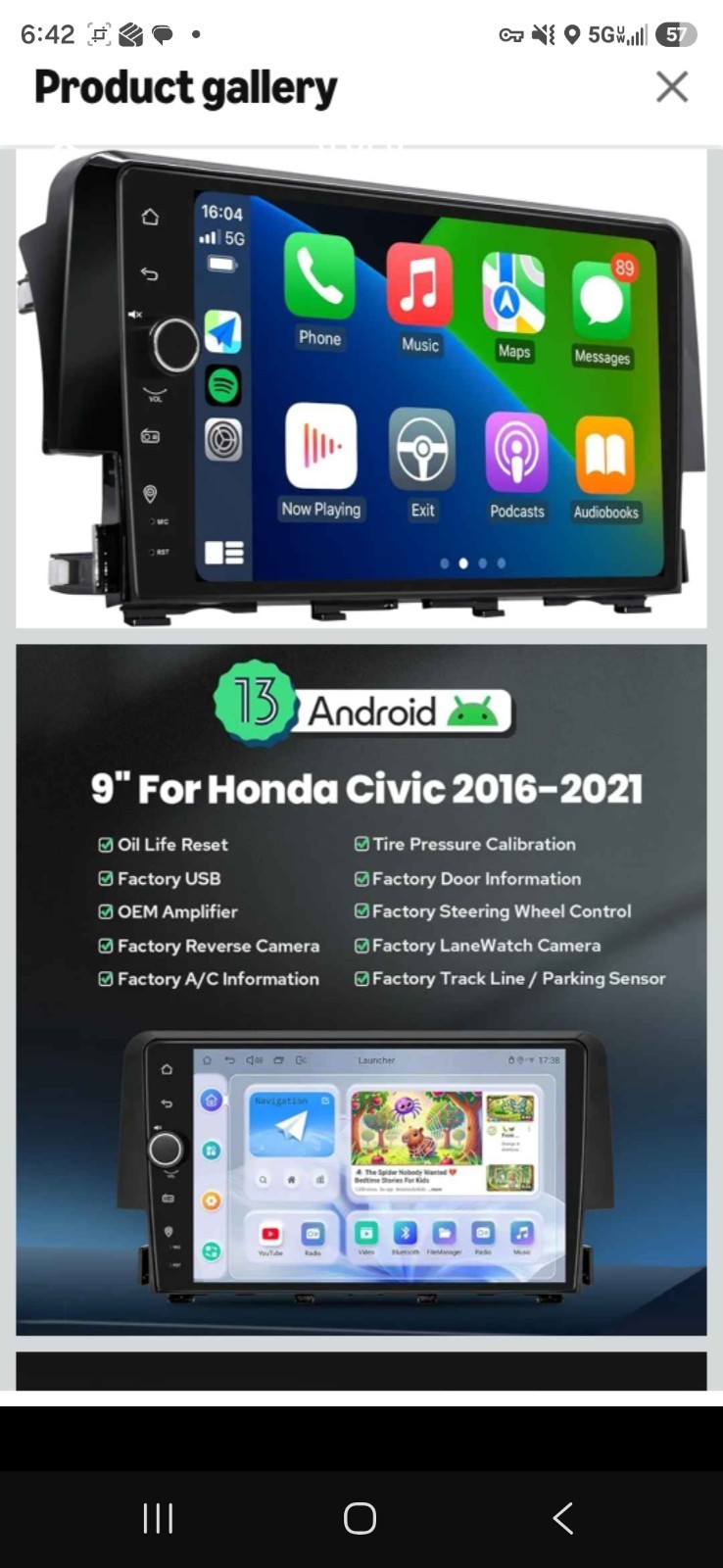 For 2016-2021 Honda Civic Head Unit 9 inch apple car play Octa Core Car Stereo