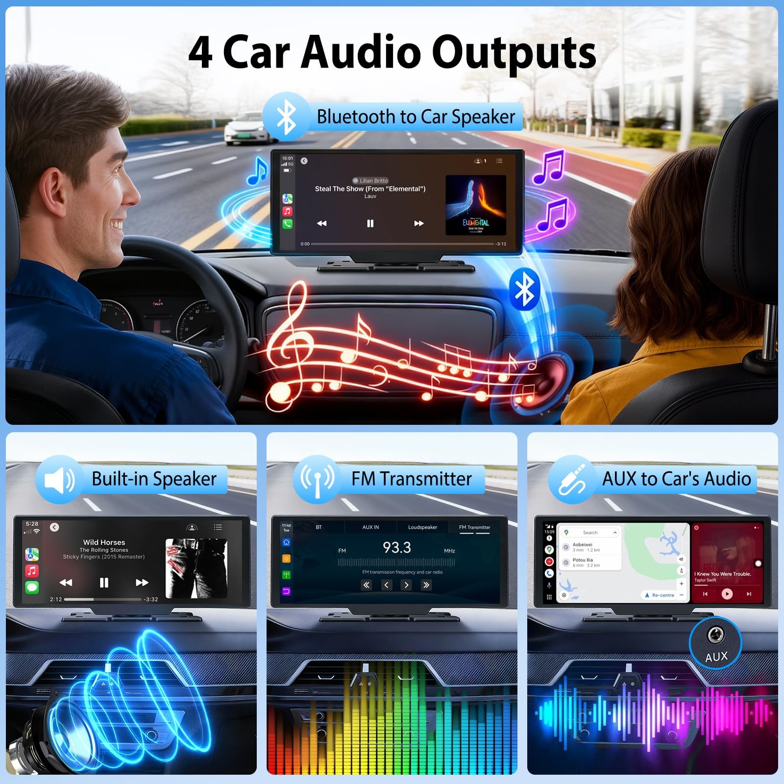 10.26″ Wireless CarPlay Screen for Car: 4K Dash Cam & 1080P Backup Black