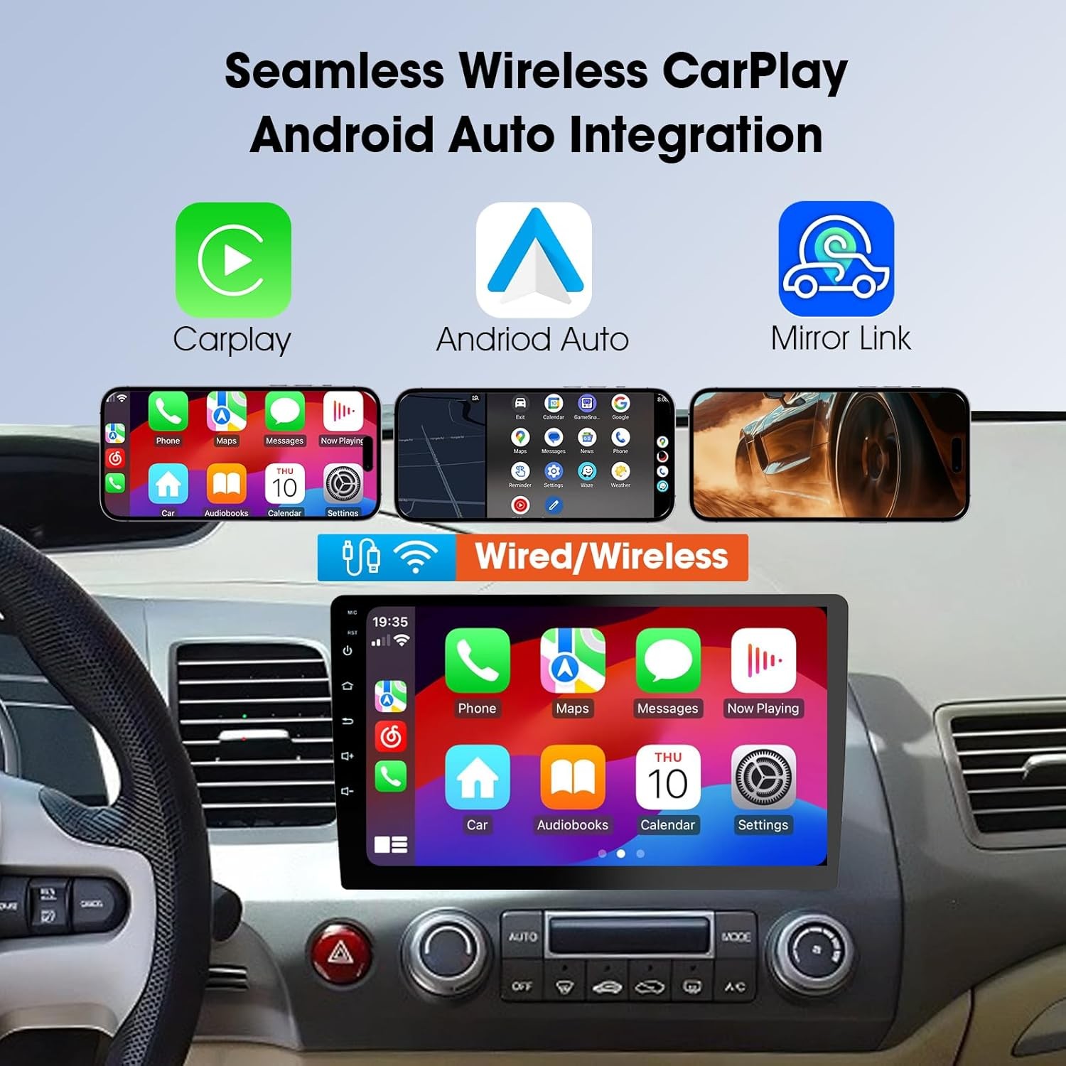 Android 13 Car Stereo with Wireless CarPlay and Auto, 10.1-inch 720P…