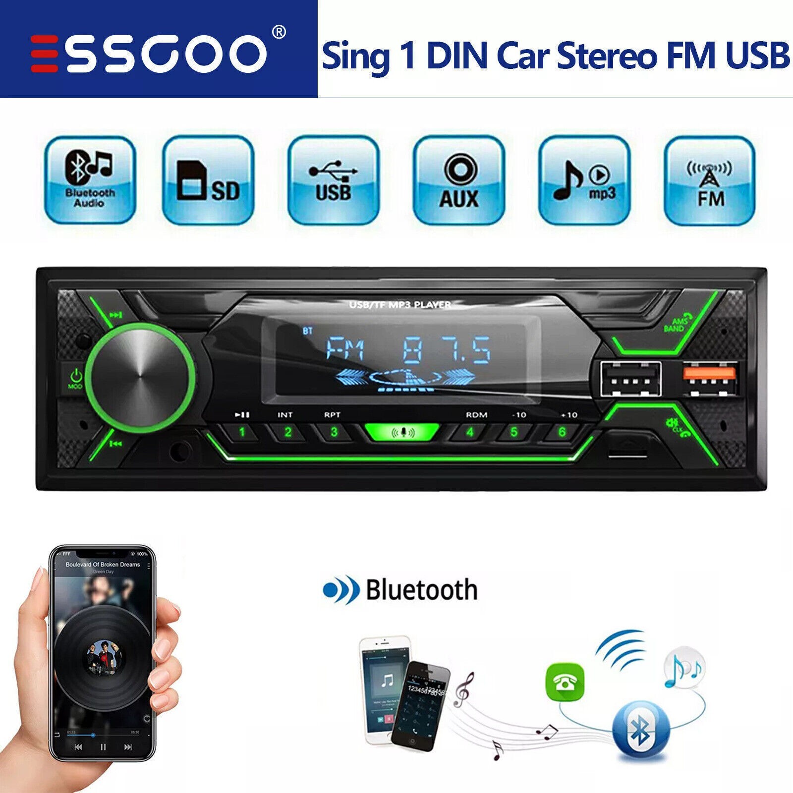 ESSGOO Bluetooth Car Stereo Radio Single 1 Din MP3 Player FM USB SD AUX RDS