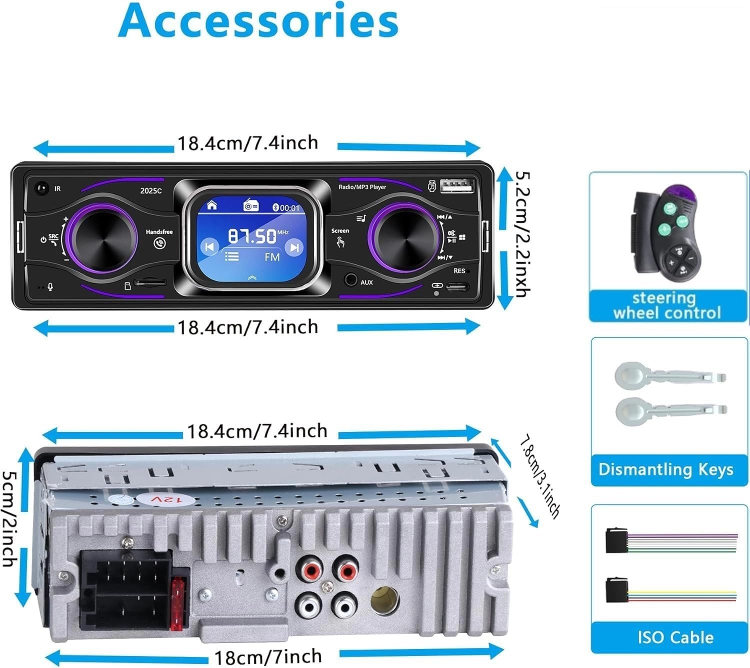 Single Din Car Stereo with Touchscreen Bluetooth, MP3 Player Supports Steerin…